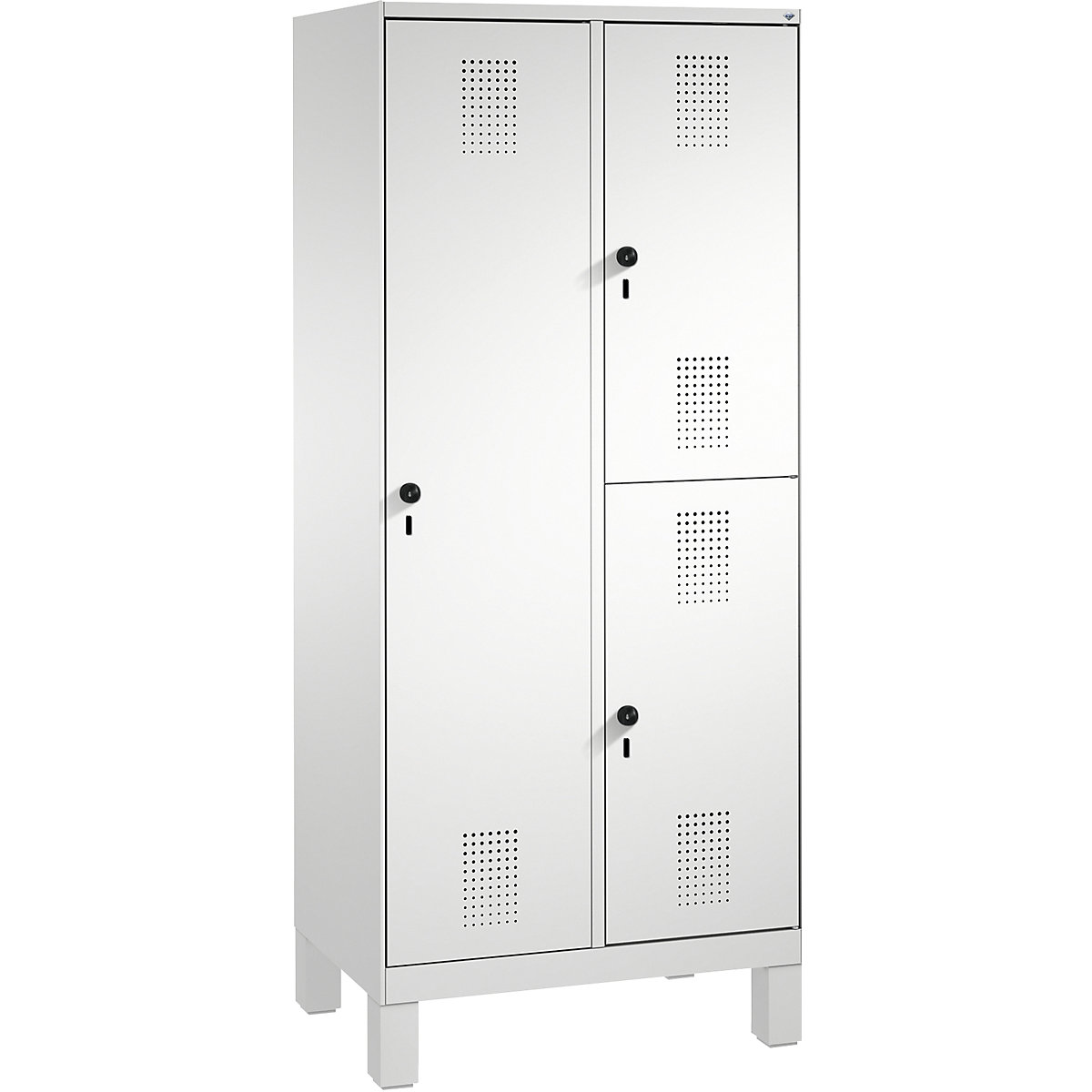 EVOLO combination cupboard, single and double tier – C+P, 2 compartments, 3 doors, compartment width 400 mm, with feet, light grey