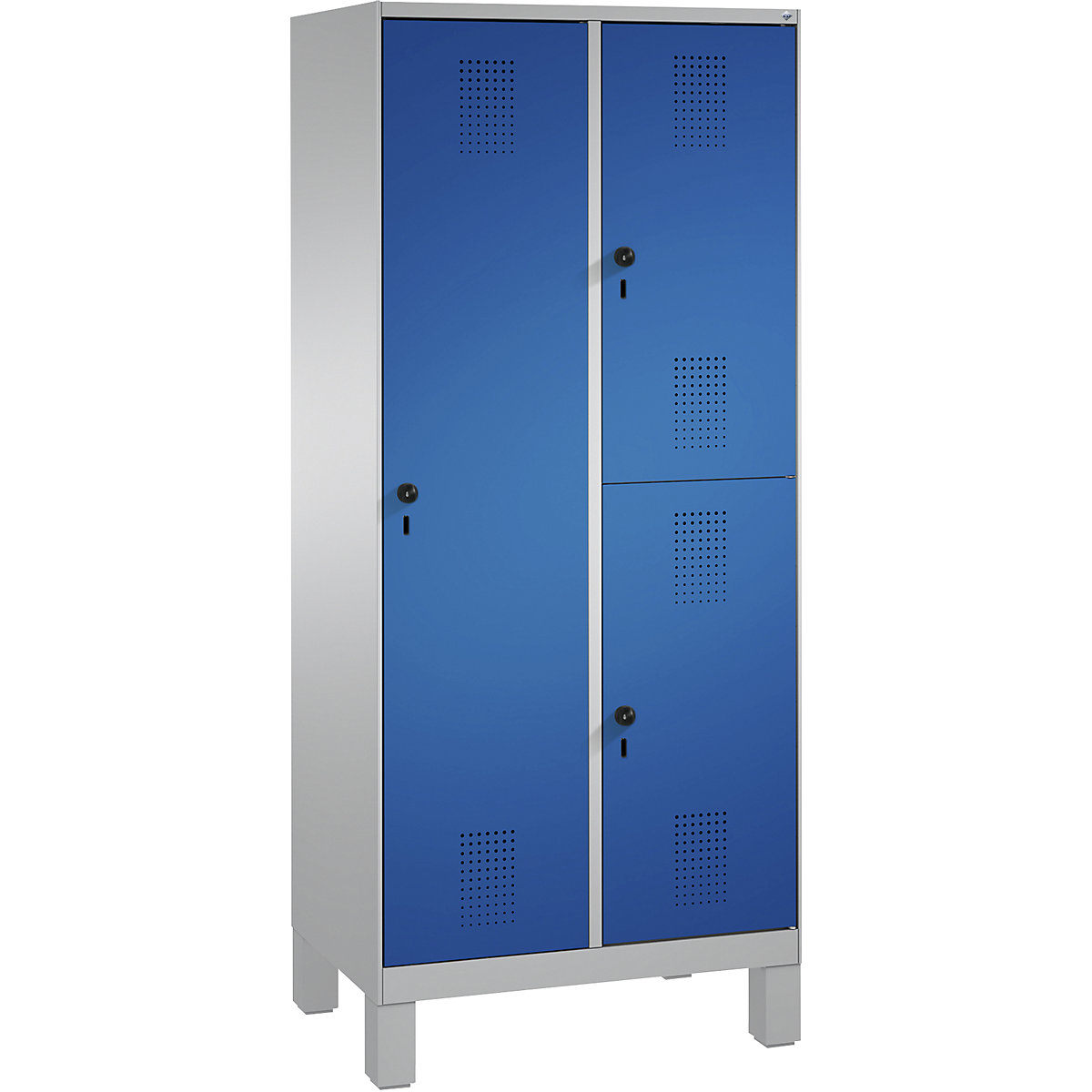 EVOLO combination cupboard, single and double tier – C+P, 2 compartments, 3 doors, compartment width 400 mm, with feet, white aluminium / gentian blue