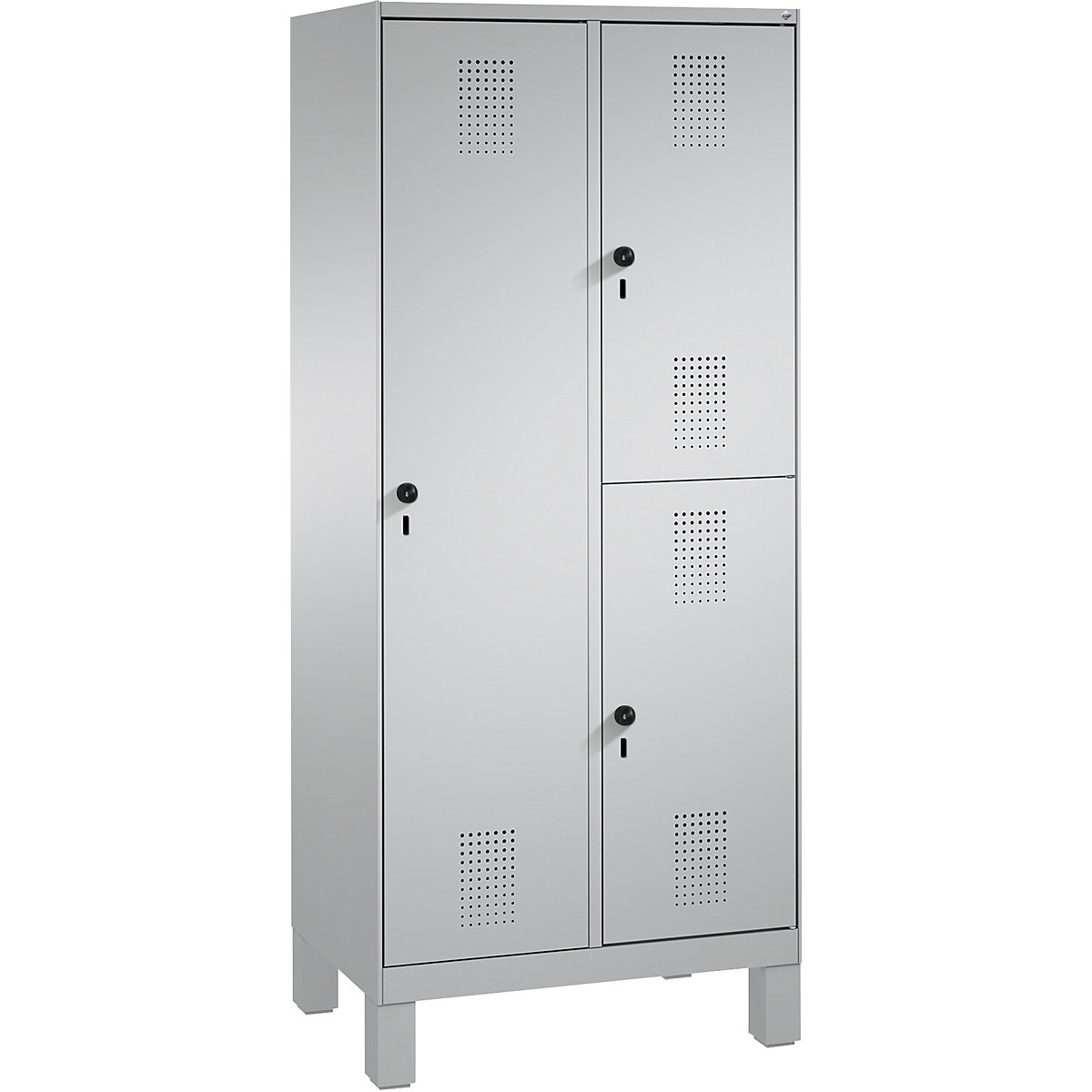 EVOLO combination cupboard, single and double tier – C+P, 2 compartments, 3 doors, compartment width 400 mm, with feet, white aluminium / white aluminium