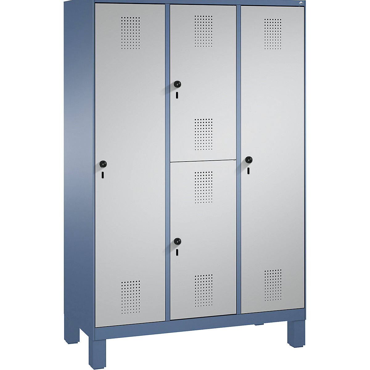 EVOLO combination cupboard, single and double tier – C+P, 3 compartments, 4 doors, compartment width 400 mm, with feet, distant blue / white aluminium