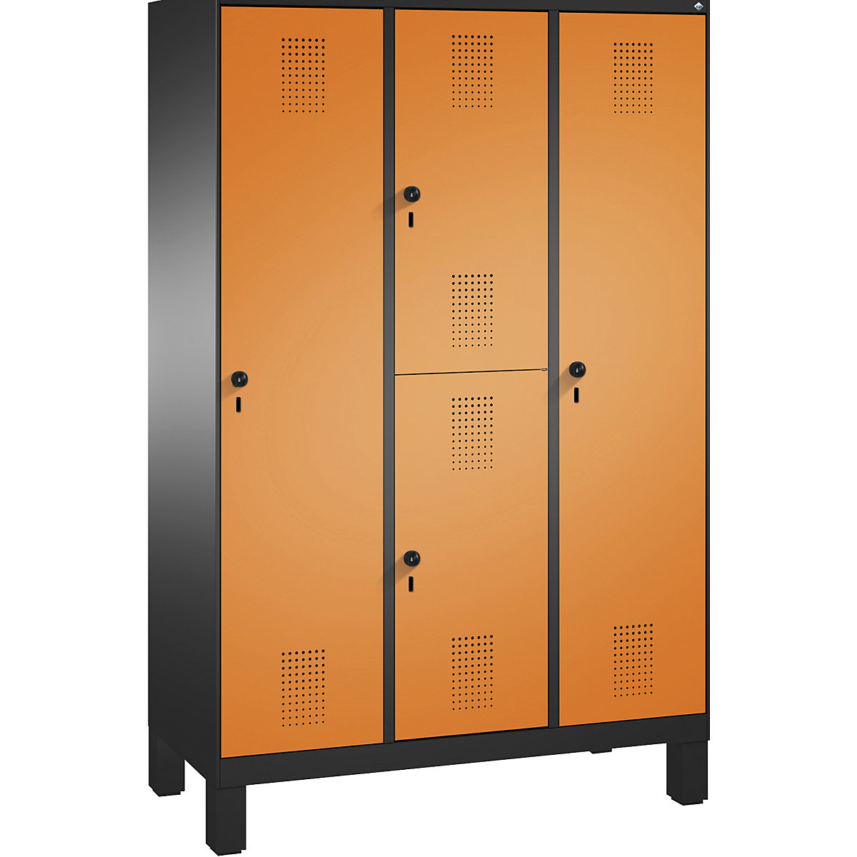 EVOLO combination cupboard, single and double tier – C+P, 3 compartments, 4 doors, compartment width 400 mm, with feet, black grey / yellow orange