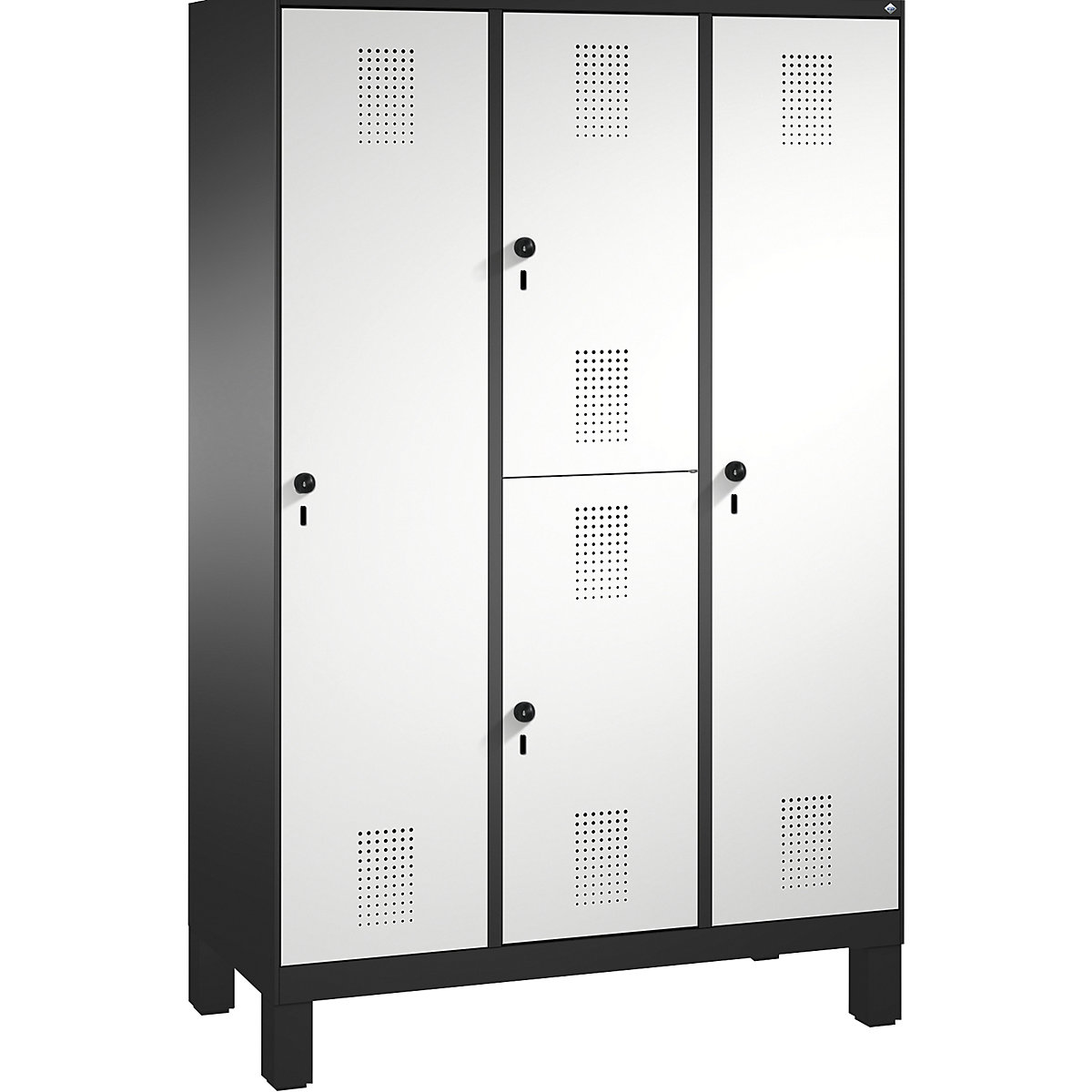 EVOLO combination cupboard, single and double tier – C+P, 3 compartments, 4 doors, compartment width 400 mm, with feet, black grey / light grey