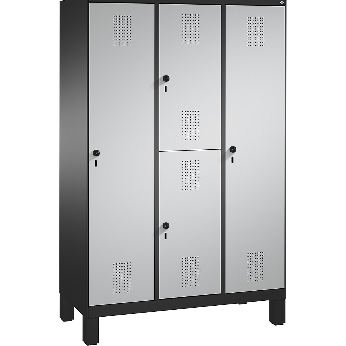 EVOLO combination cupboard, single and double tier – C+P, 3 compartments, 4 doors, compartment width 400 mm, with feet, black grey / white aluminium