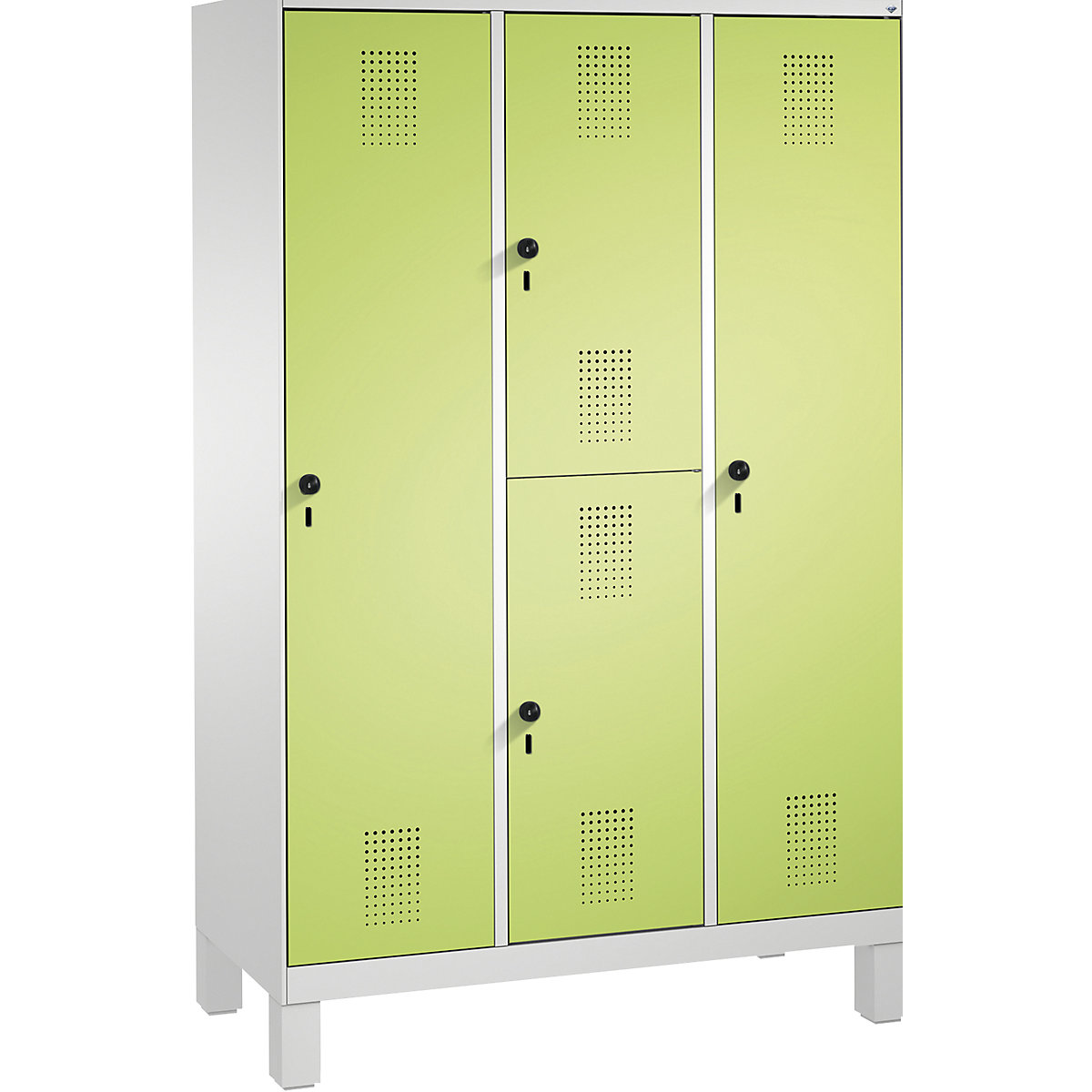 EVOLO combination cupboard, single and double tier – C+P, 3 compartments, 4 doors, compartment width 400 mm, with feet, light grey / viridian green