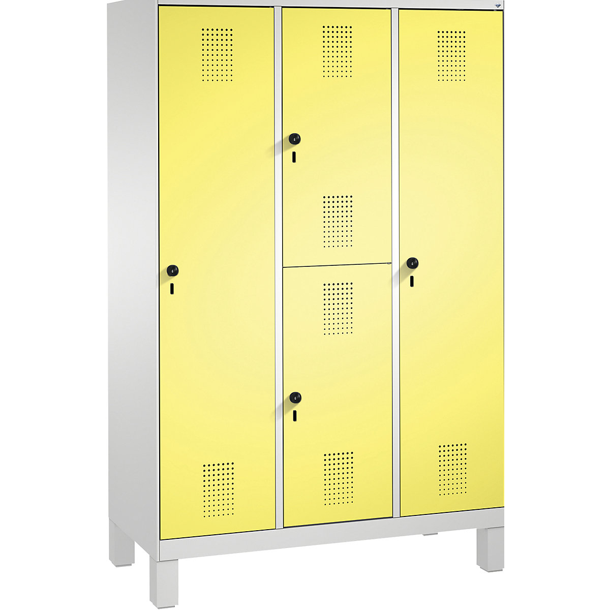 EVOLO combination cupboard, single and double tier – C+P, 3 compartments, 4 doors, compartment width 400 mm, with feet, light grey / sulphur yellow