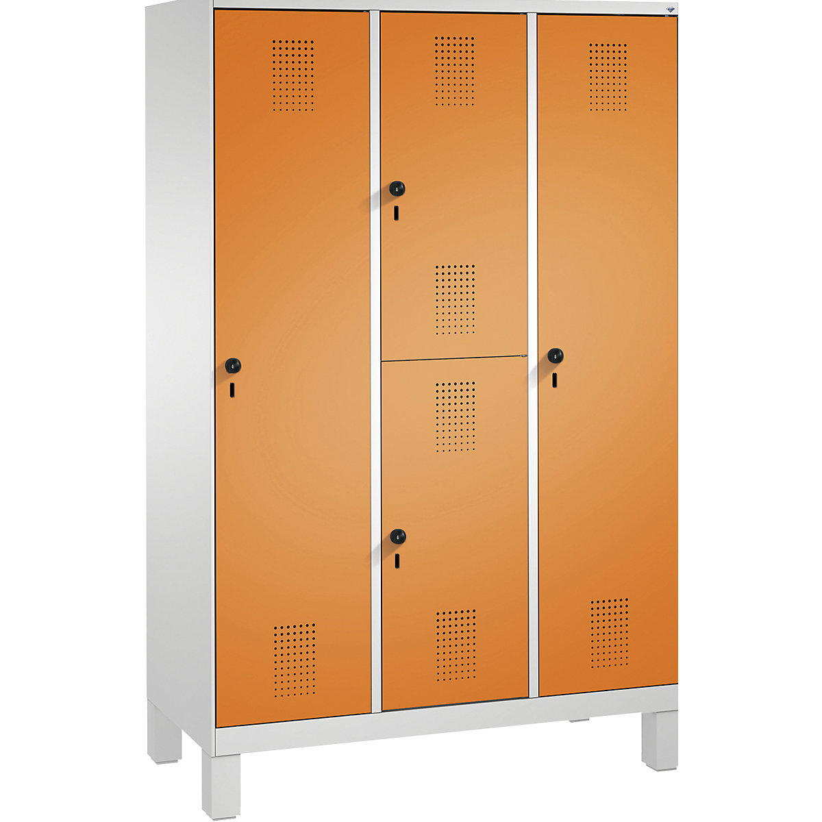 EVOLO combination cupboard, single and double tier – C+P, 3 compartments, 4 doors, compartment width 400 mm, with feet, light grey / yellow orange