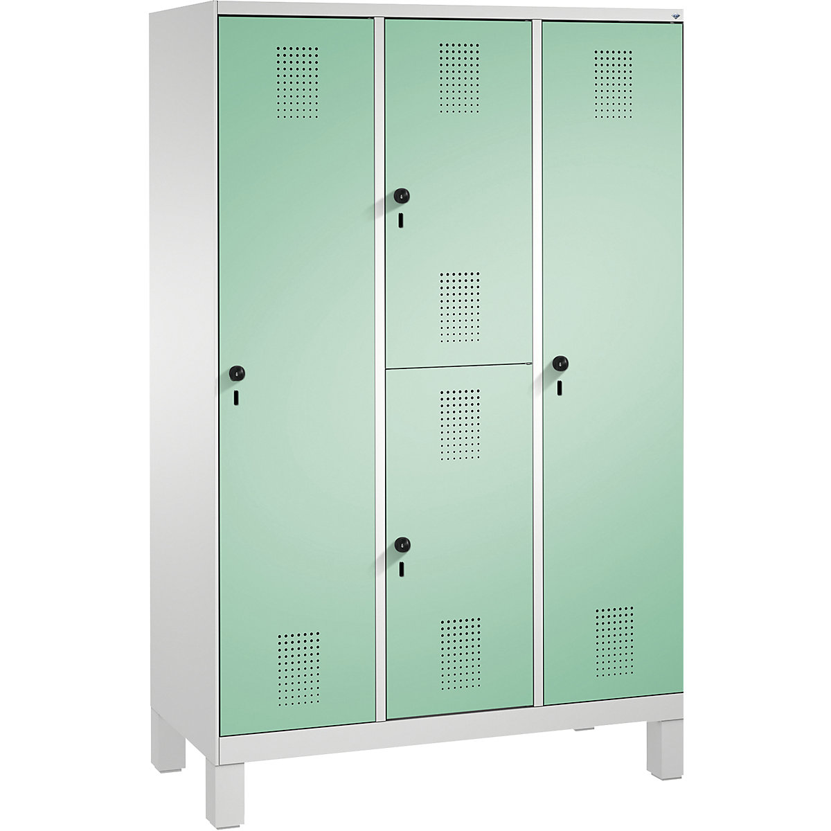 EVOLO combination cupboard, single and double tier – C+P, 3 compartments, 4 doors, compartment width 400 mm, with feet, light grey / light green
