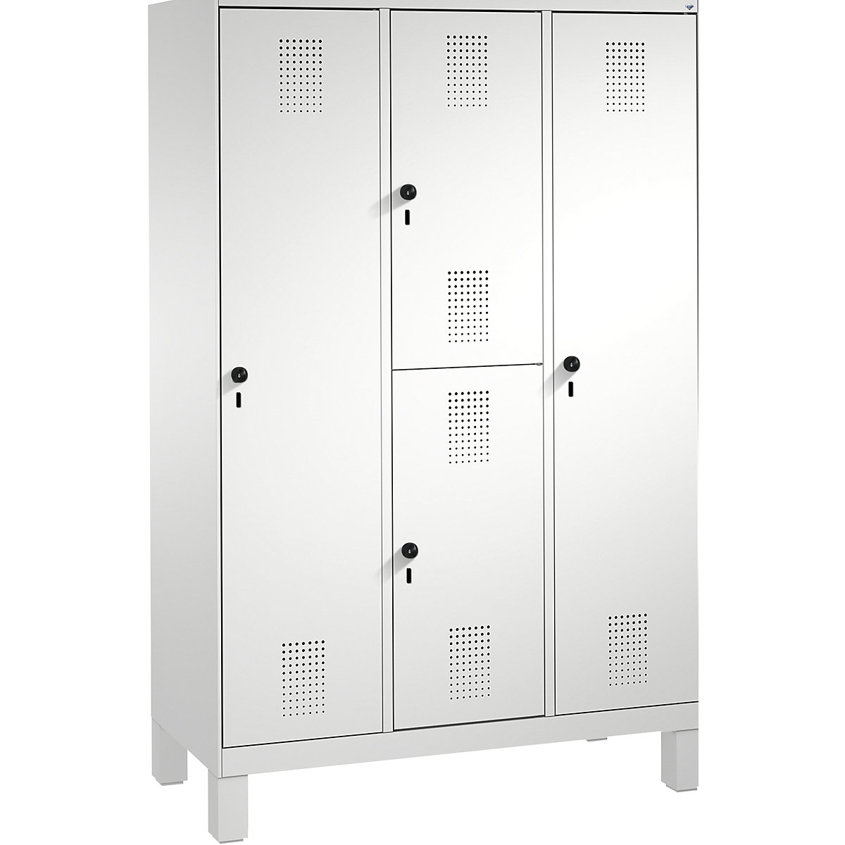 EVOLO combination cupboard, single and double tier – C+P, 3 compartments, 4 doors, compartment width 400 mm, with feet, light grey