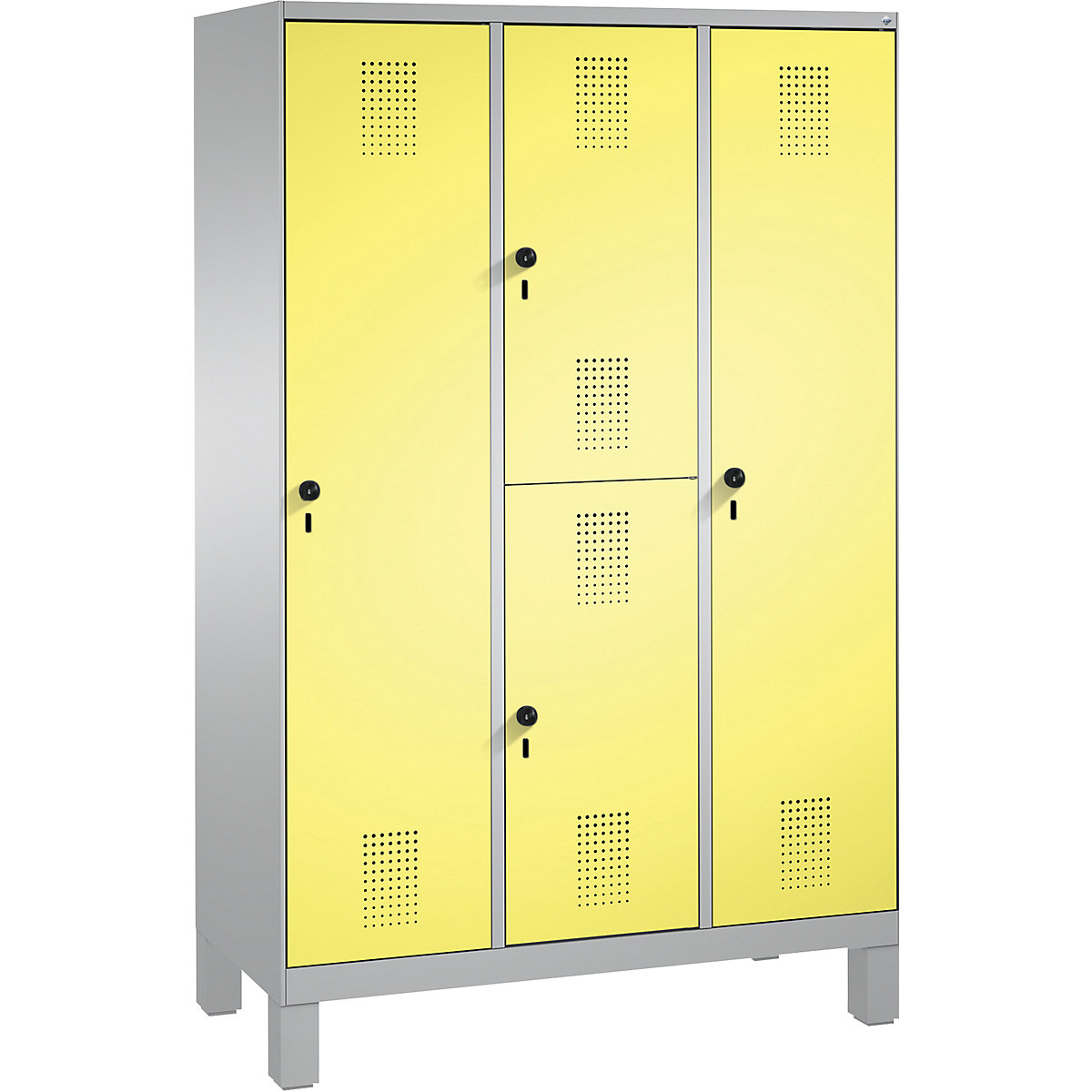EVOLO combination cupboard, single and double tier – C+P, 3 compartments, 4 doors, compartment width 400 mm, with feet, white aluminium / sulphur yellow