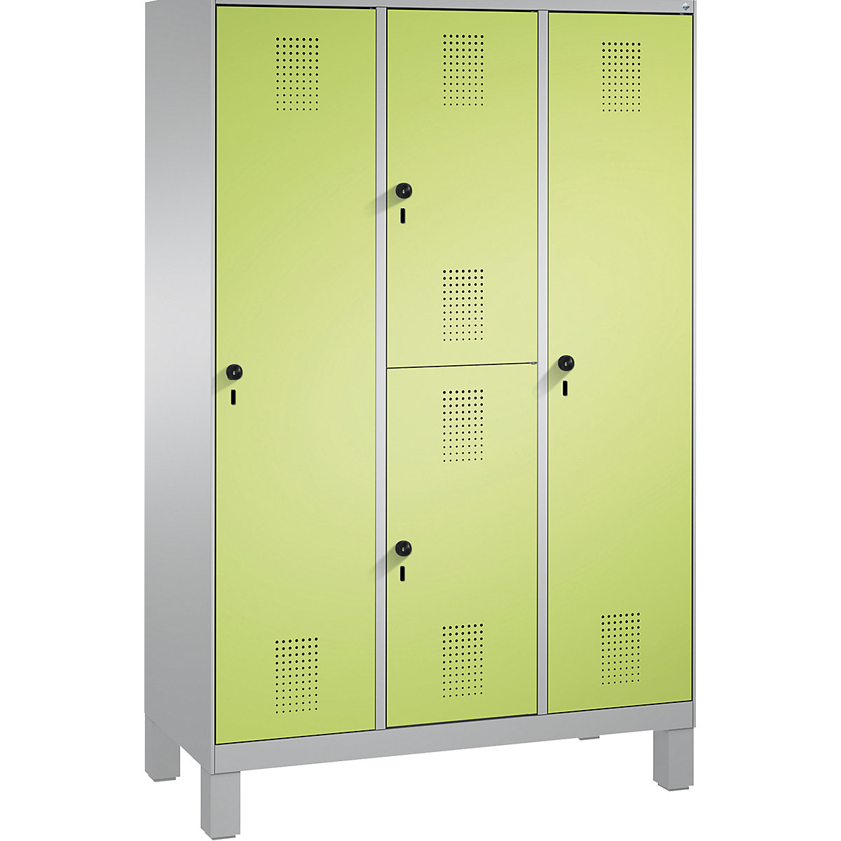 EVOLO combination cupboard, single and double tier – C+P, 3 compartments, 4 doors, compartment width 400 mm, with feet, white aluminium / viridian green