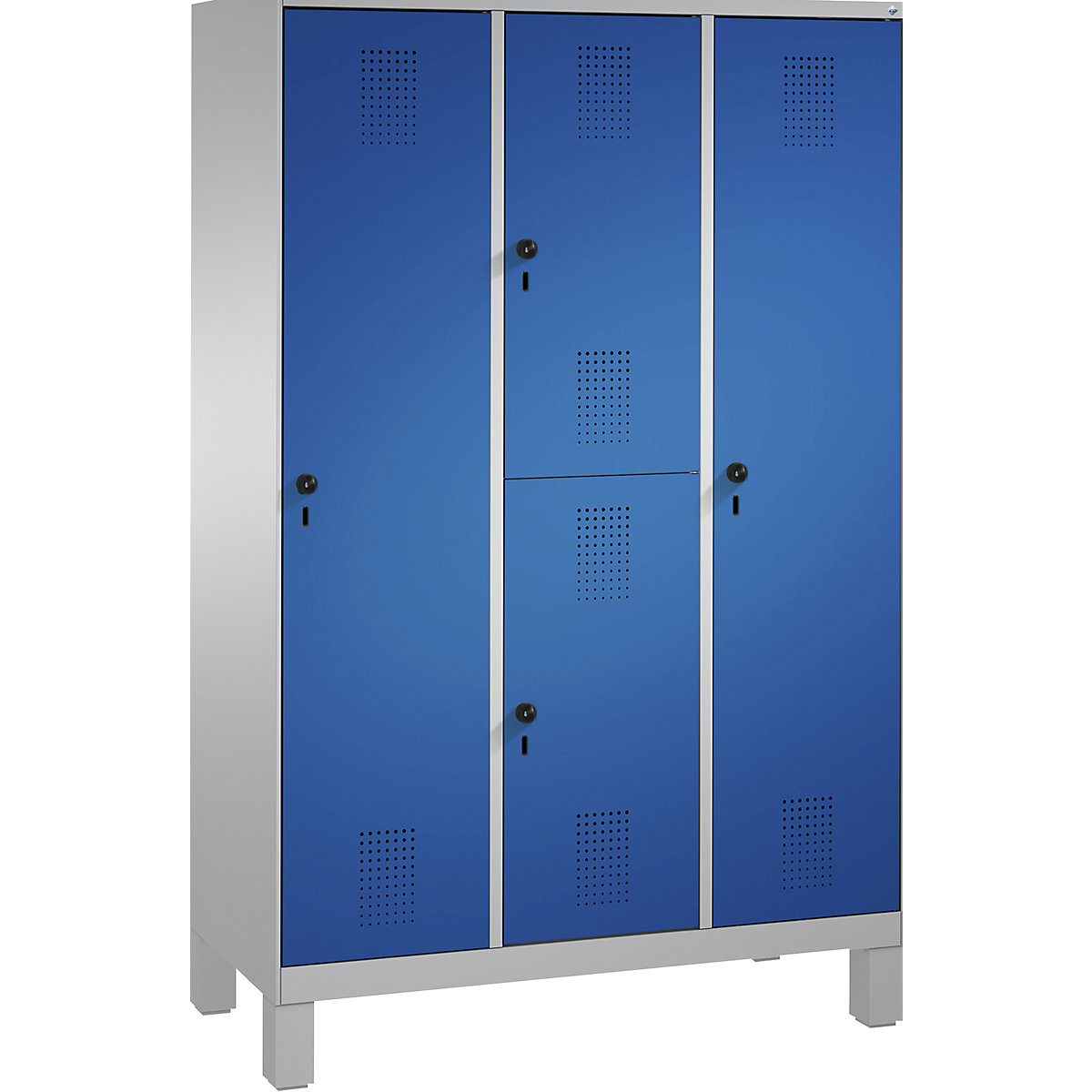 EVOLO combination cupboard, single and double tier – C+P, 3 compartments, 4 doors, compartment width 400 mm, with feet, white aluminium / gentian blue