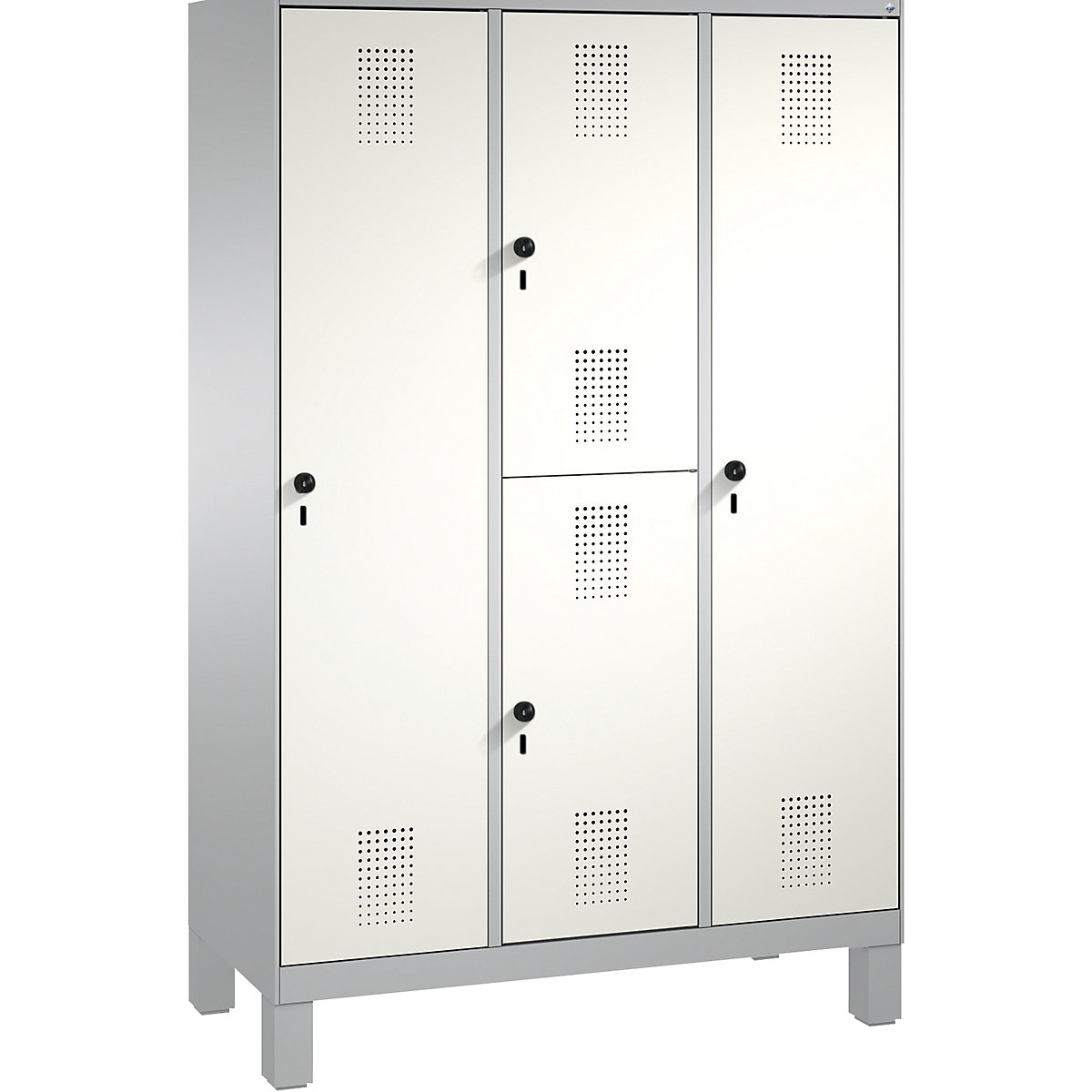 EVOLO combination cupboard, single and double tier – C+P, 3 compartments, 4 doors, compartment width 400 mm, with feet, white aluminium / white aluminium