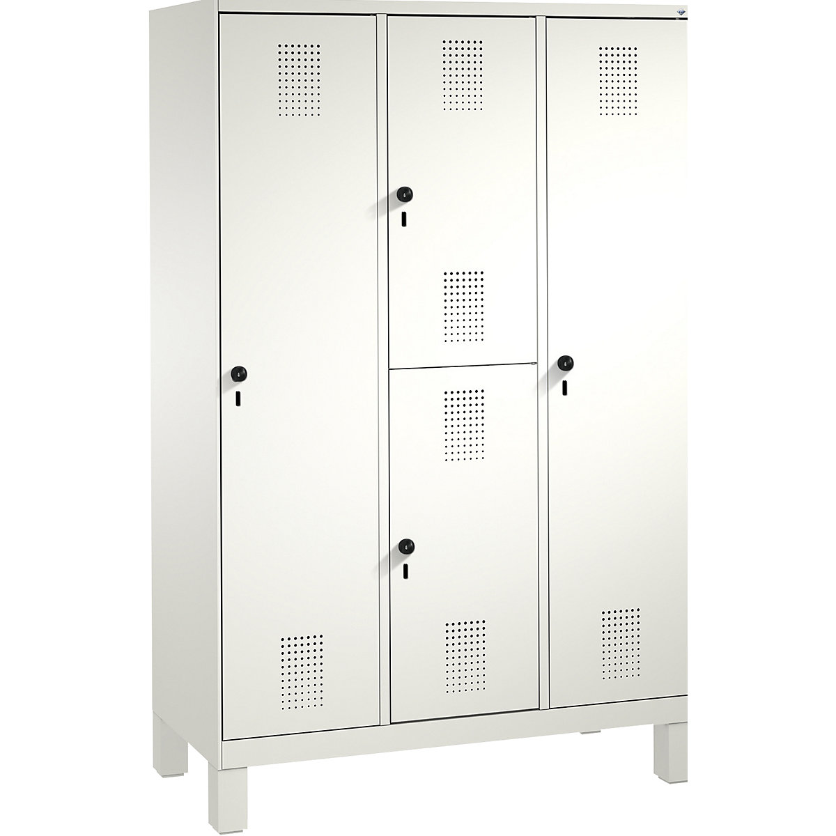 EVOLO combination cupboard, single and double tier – C+P, 3 compartments, 4 doors, compartment width 400 mm, with feet, traffic white / traffic white