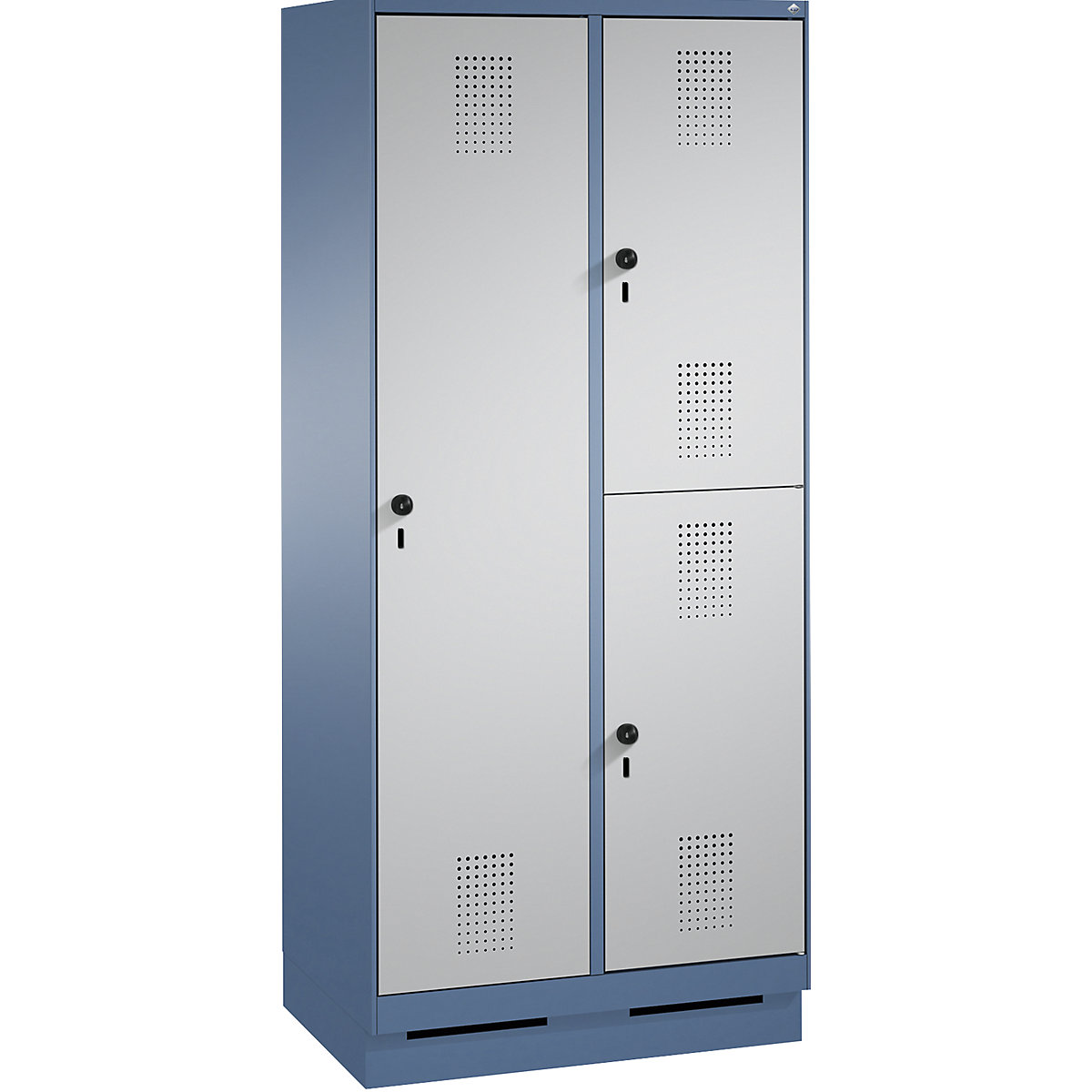 EVOLO combination cupboard, single and double tier – C+P, 2 compartments, 3 doors, compartment width 400 mm, with plinth, distant blue / white aluminium