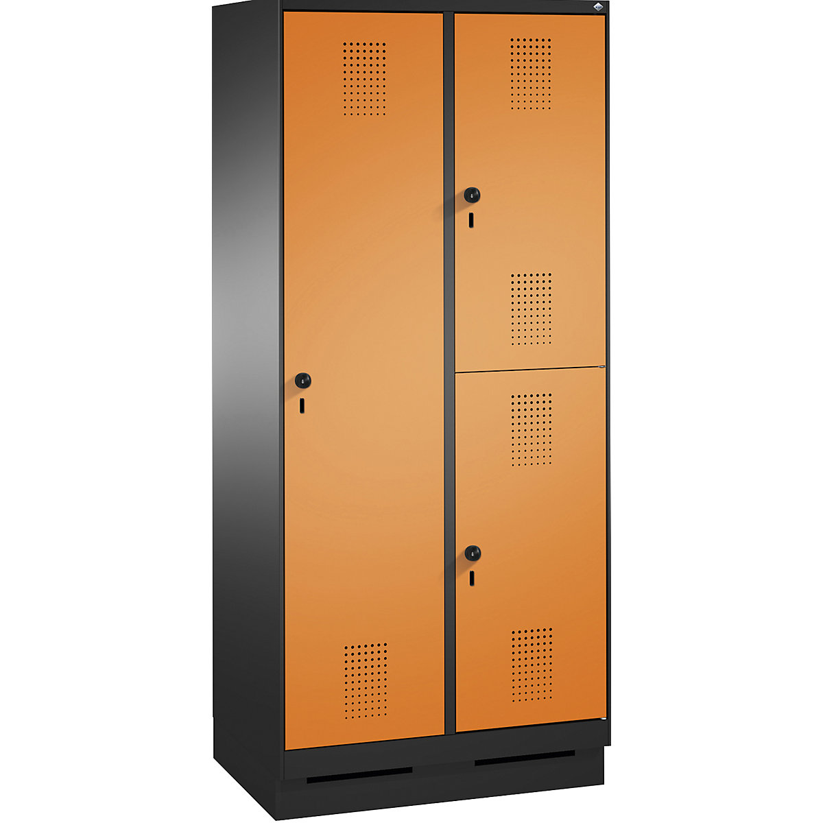 EVOLO combination cupboard, single and double tier – C+P, 2 compartments, 3 doors, compartment width 400 mm, with plinth, black grey / yellow orange