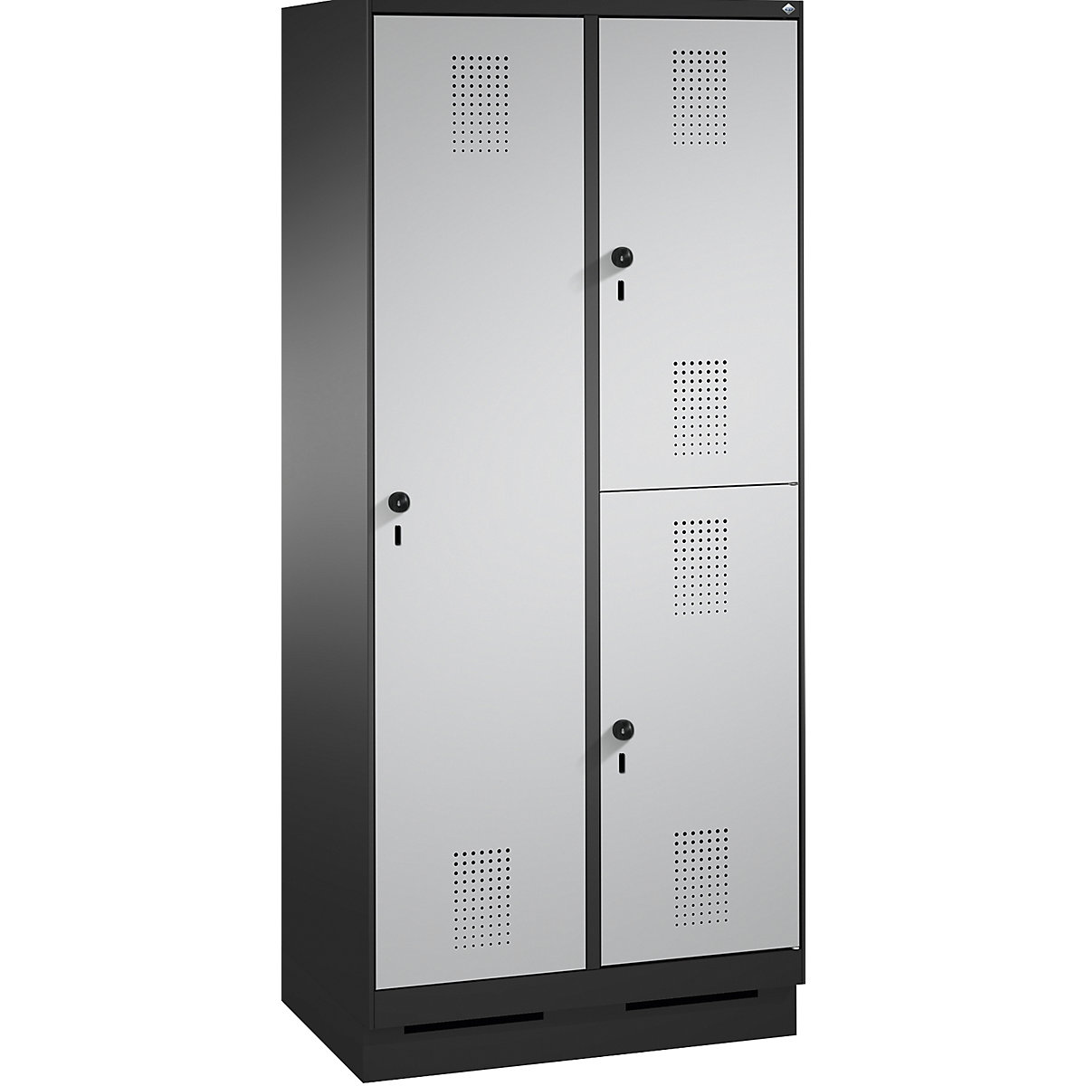 EVOLO combination cupboard, single and double tier – C+P, 2 compartments, 3 doors, compartment width 400 mm, with plinth, black grey / white aluminium
