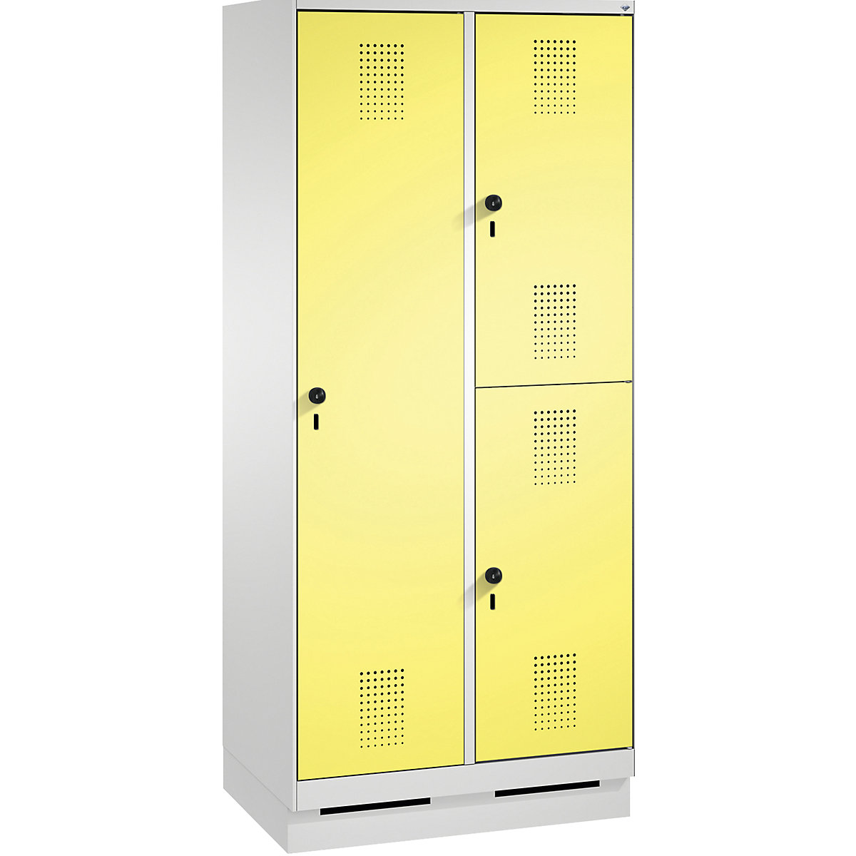 EVOLO combination cupboard, single and double tier – C+P, 2 compartments, 3 doors, compartment width 400 mm, with plinth, light grey / sulphur yellow