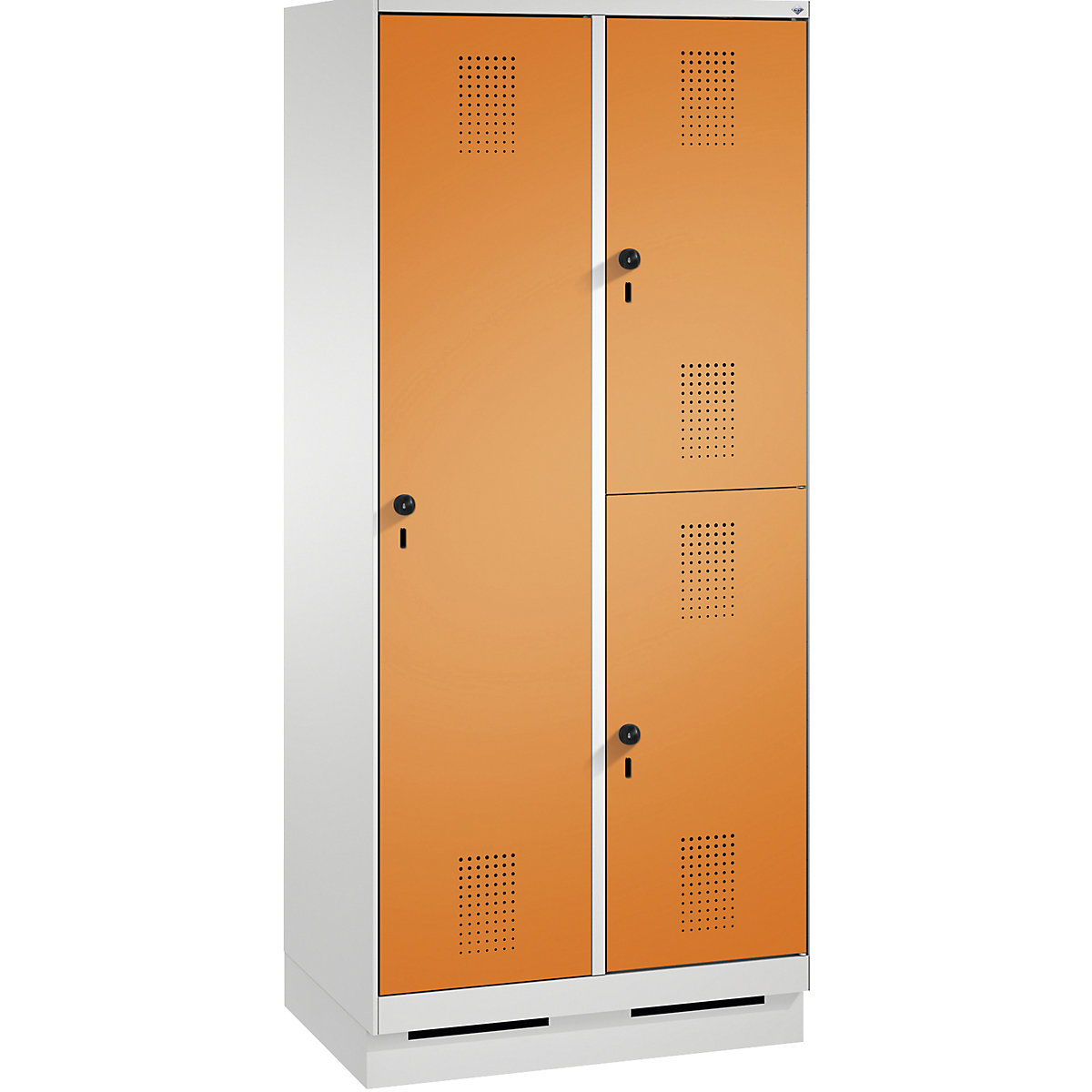 EVOLO combination cupboard, single and double tier – C+P, 2 compartments, 3 doors, compartment width 400 mm, with plinth, light grey / yellow orange