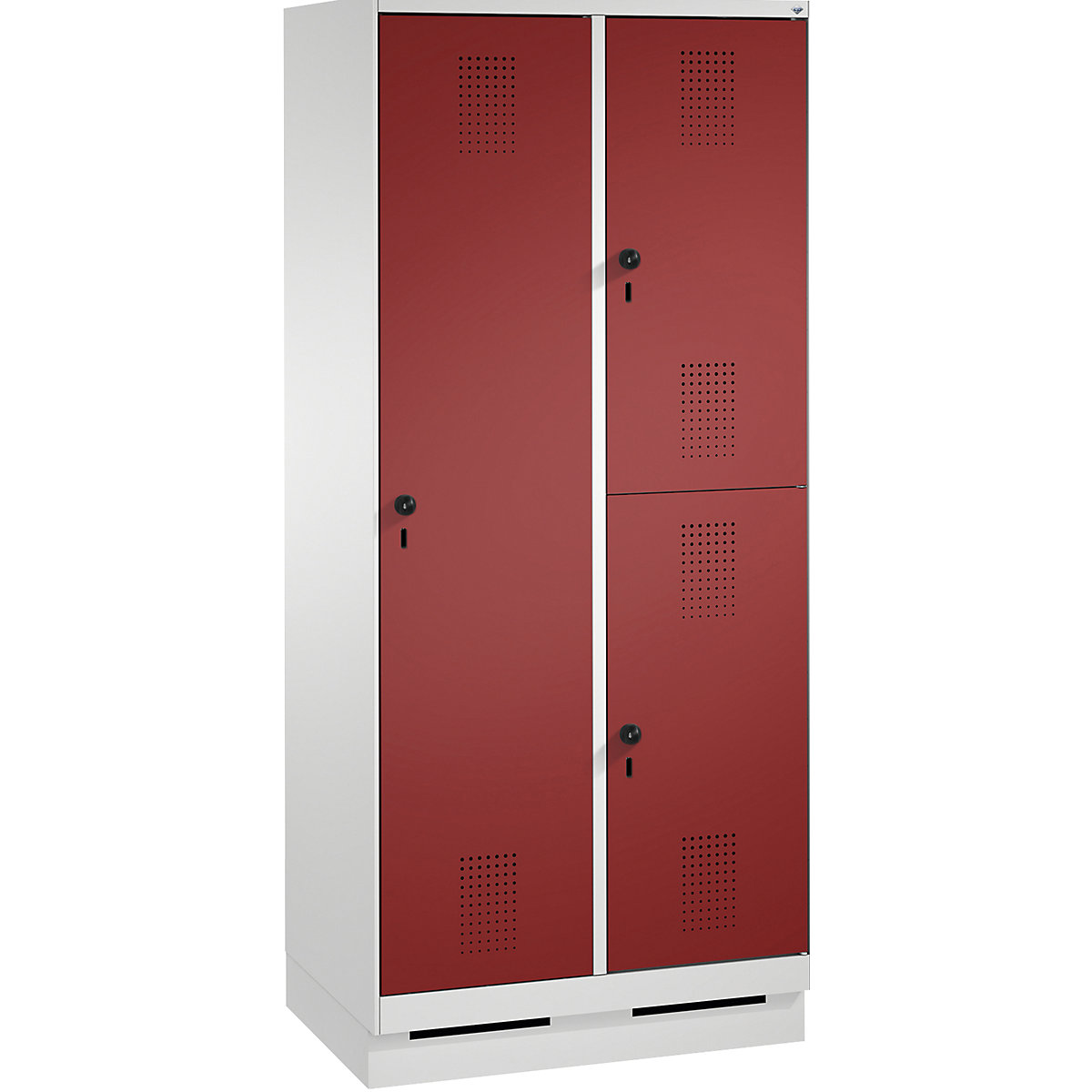 EVOLO combination cupboard, single and double tier – C+P, 2 compartments, 3 doors, compartment width 400 mm, with plinth, light grey / ruby red