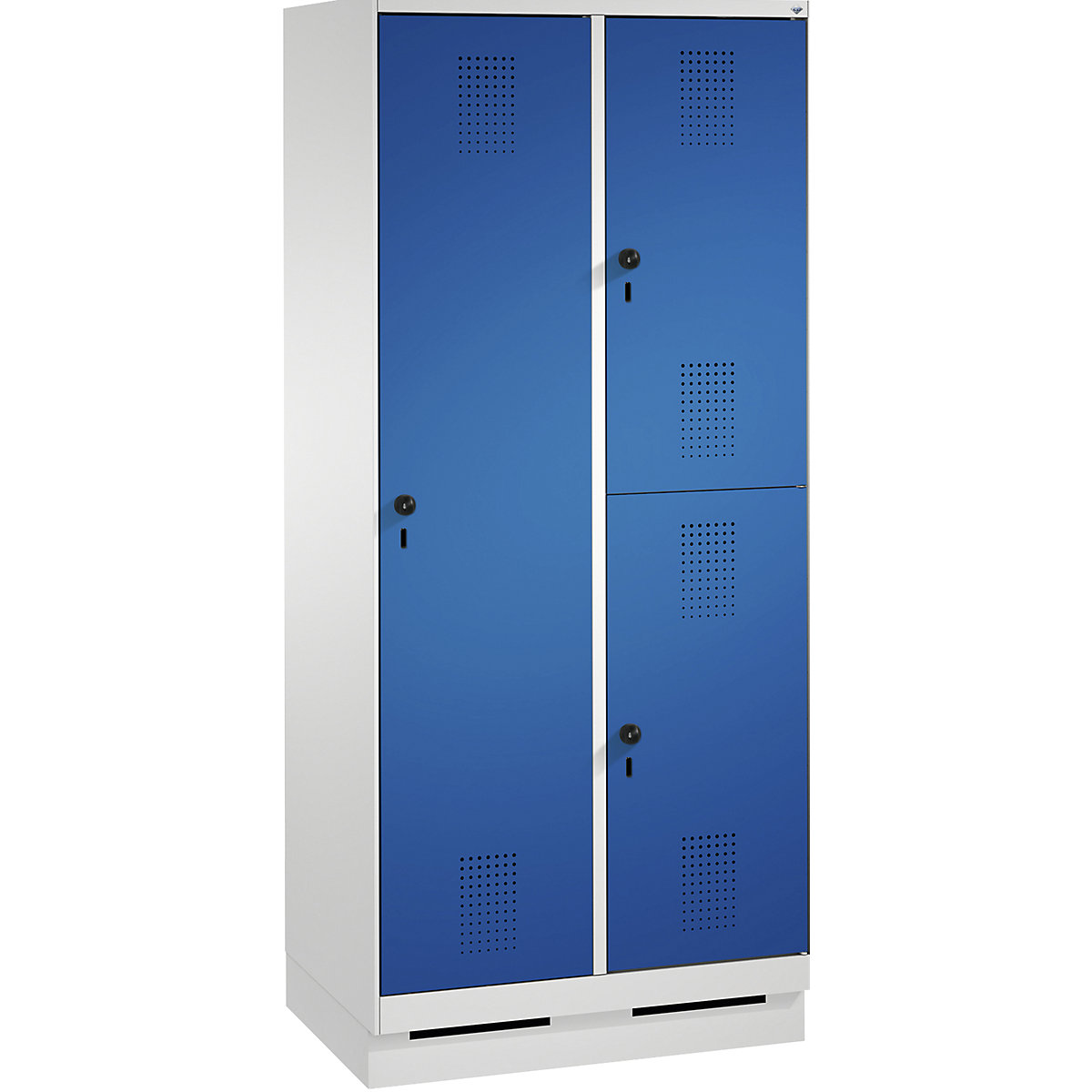 EVOLO combination cupboard, single and double tier – C+P, 2 compartments, 3 doors, compartment width 400 mm, with plinth, light grey / gentian blue