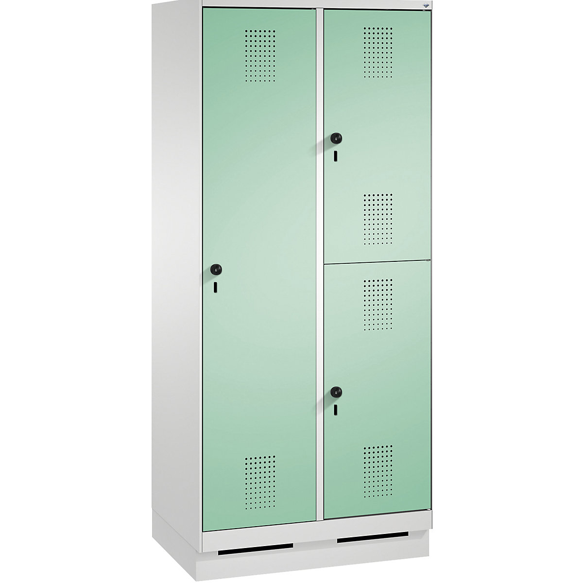 EVOLO combination cupboard, single and double tier – C+P, 2 compartments, 3 doors, compartment width 400 mm, with plinth, light grey / light green