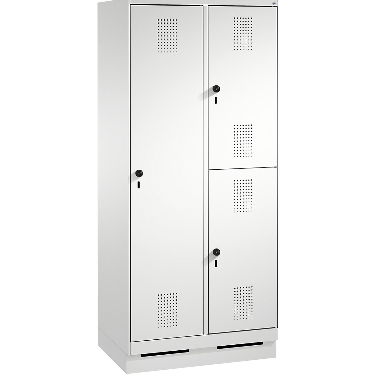 EVOLO combination cupboard, single and double tier – C+P, 2 compartments, 3 doors, compartment width 400 mm, with plinth, light grey