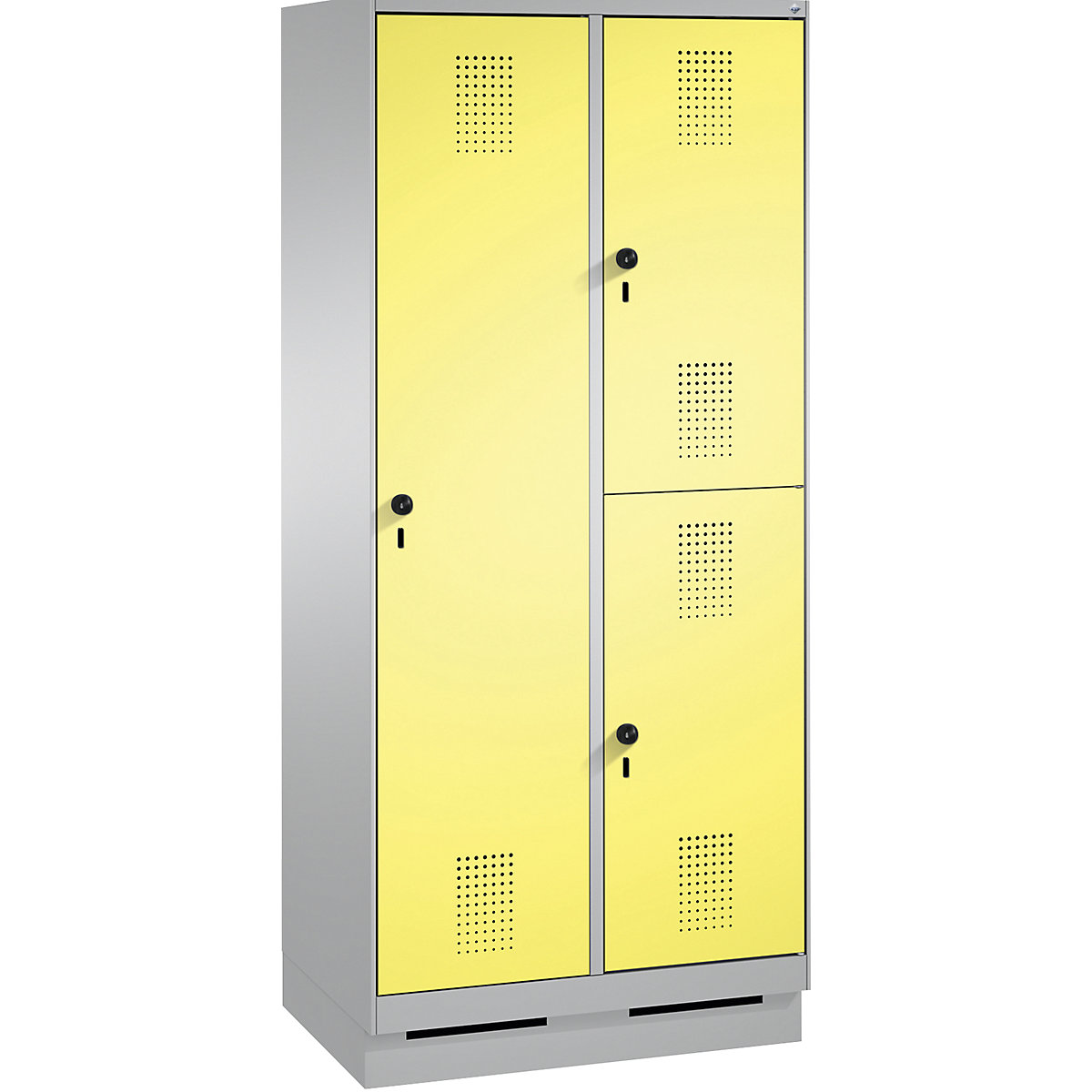EVOLO combination cupboard, single and double tier – C+P, 2 compartments, 3 doors, compartment width 400 mm, with plinth, white aluminium / sulphur yellow