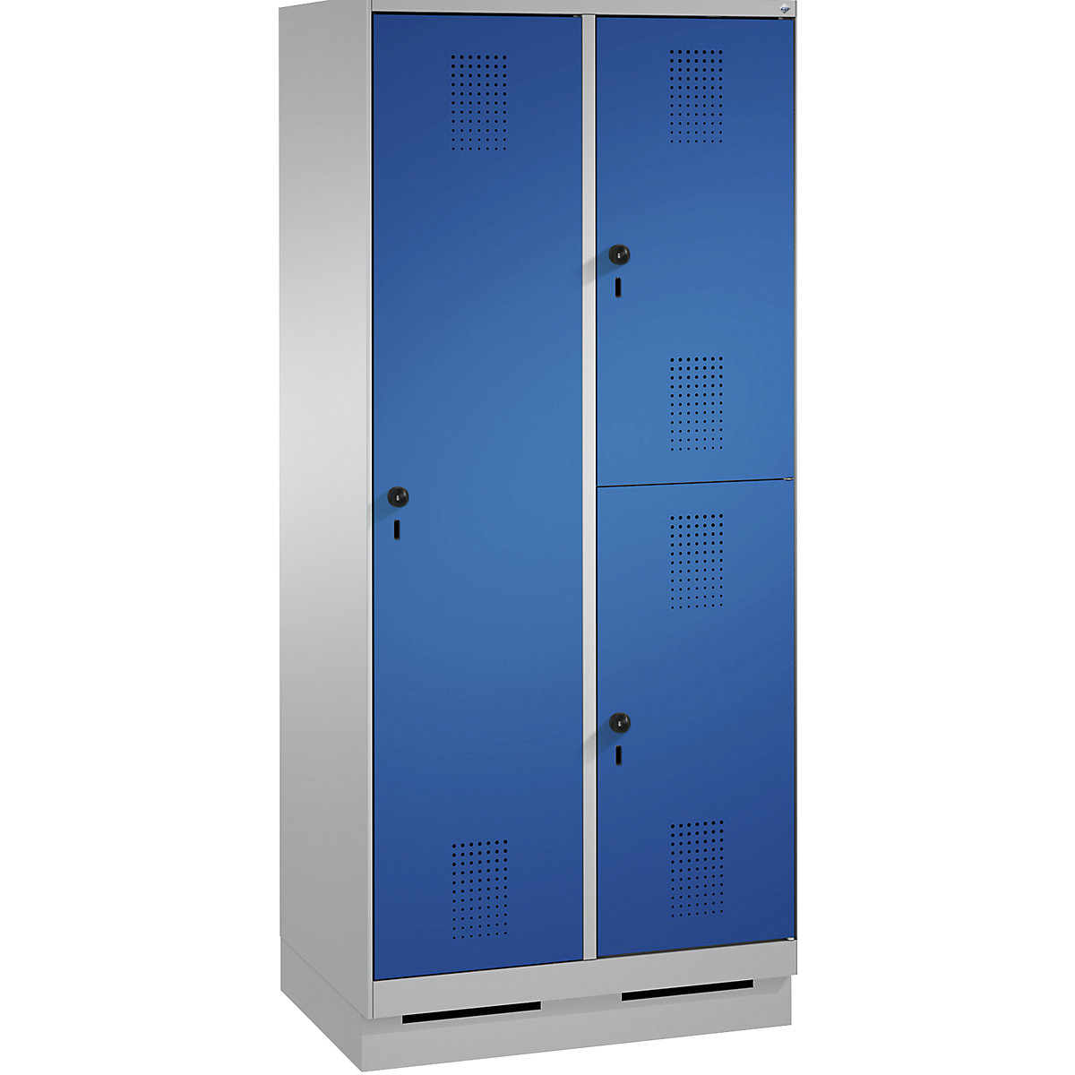 EVOLO combination cupboard, single and double tier – C+P, 2 compartments, 3 doors, compartment width 400 mm, with plinth, white aluminium / gentian blue
