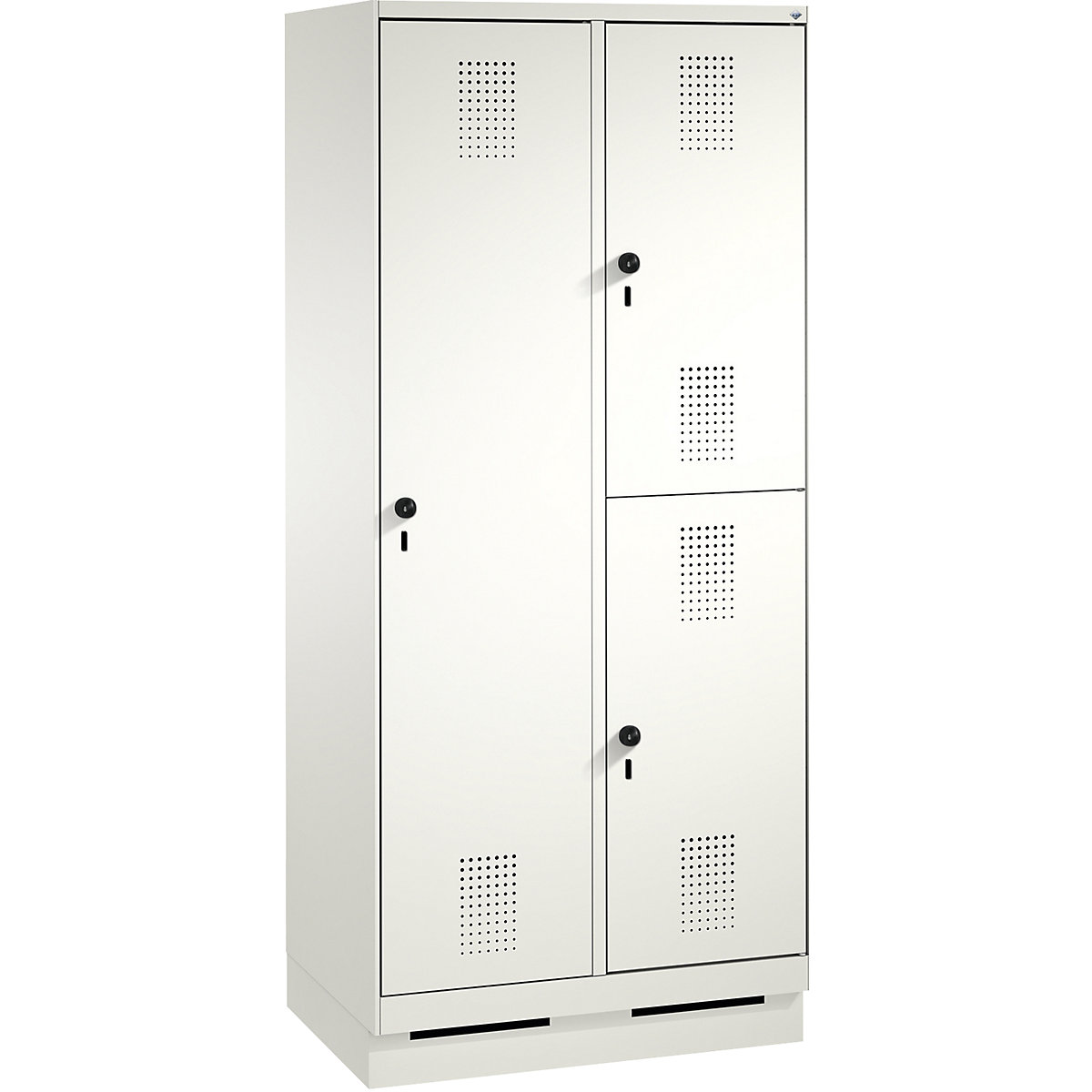 EVOLO combination cupboard, single and double tier – C+P, 2 compartments, 3 doors, compartment width 400 mm, with plinth, traffic white / traffic white