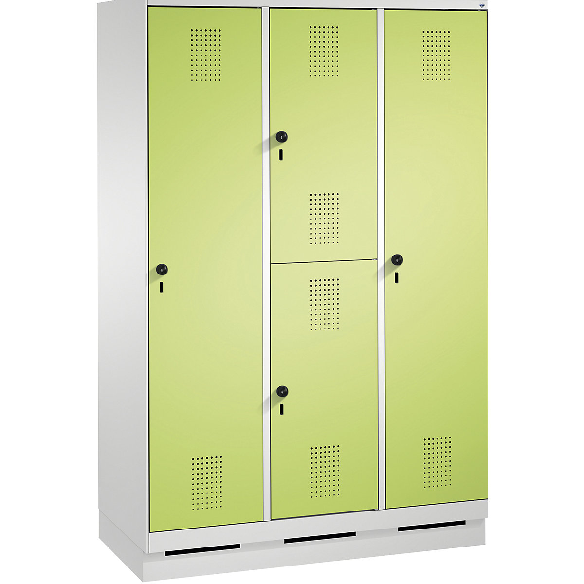 EVOLO combination cupboard, single and double tier – C+P, 3 compartments, 4 doors, compartment width 400 mm, with plinth, light grey / viridian green-4