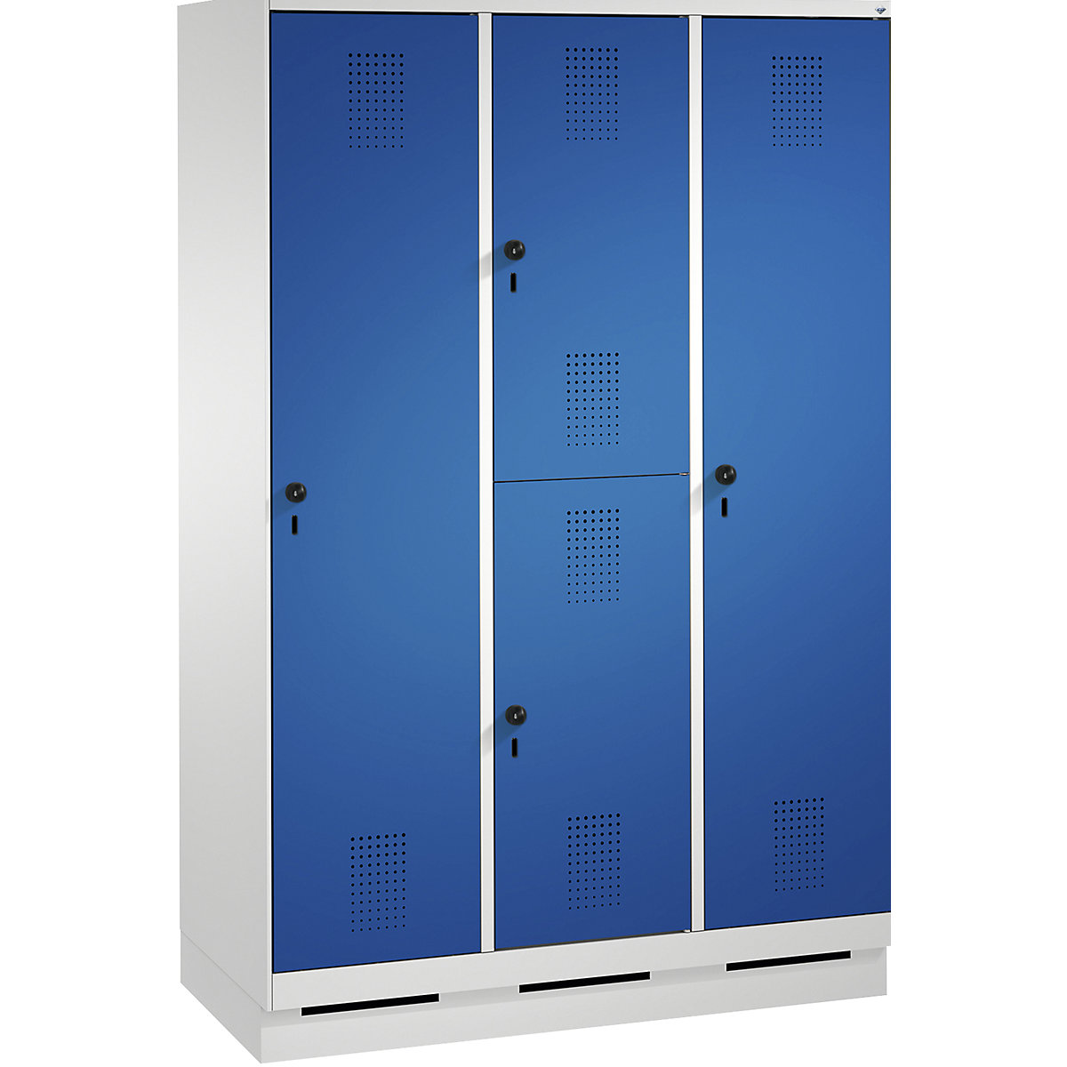 EVOLO combination cupboard, single and double tier – C+P, 3 compartments, 4 doors, compartment width 400 mm, with plinth, light grey / gentian blue-9