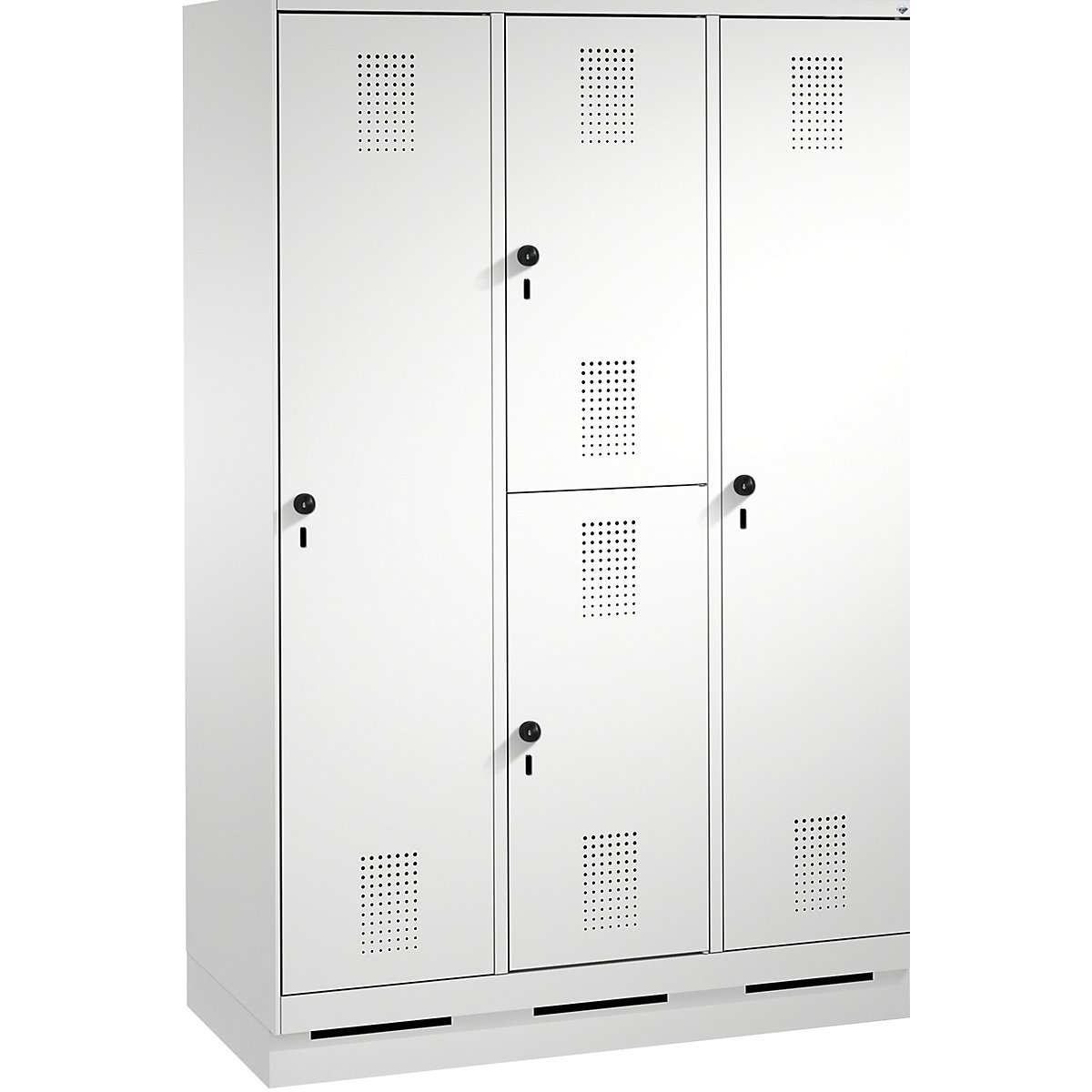 EVOLO combination cupboard, single and double tier – C+P, 3 compartments, 4 doors, compartment width 400 mm, with plinth, light grey-7