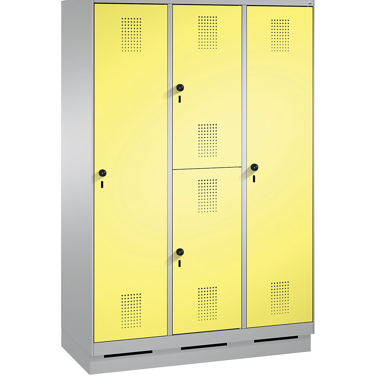 EVOLO combination cupboard, single and double tier – C+P, 3 compartments, 4 doors, compartment width 400 mm, with plinth, white aluminium / sulphur yellow-17