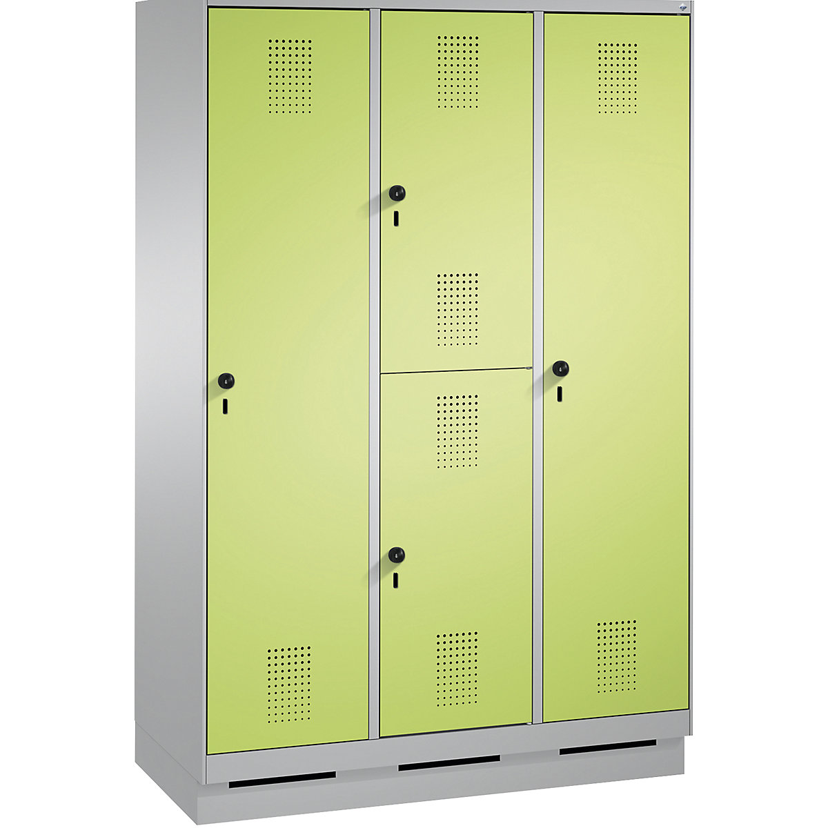 EVOLO combination cupboard, single and double tier – C+P, 3 compartments, 4 doors, compartment width 400 mm, with plinth, white aluminium / viridian green-3