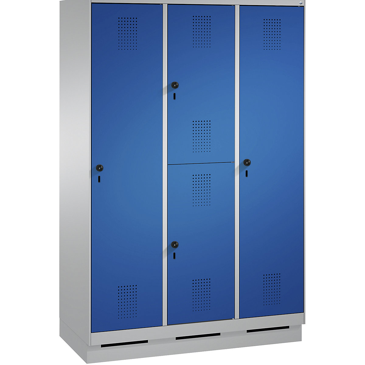 EVOLO combination cupboard, single and double tier – C+P, 3 compartments, 4 doors, compartment width 400 mm, with plinth, white aluminium / gentian blue-10