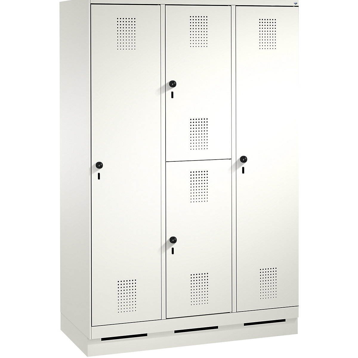 EVOLO combination cupboard, single and double tier – C+P, 3 compartments, 4 doors, compartment width 400 mm, with plinth, traffic white / traffic white-14