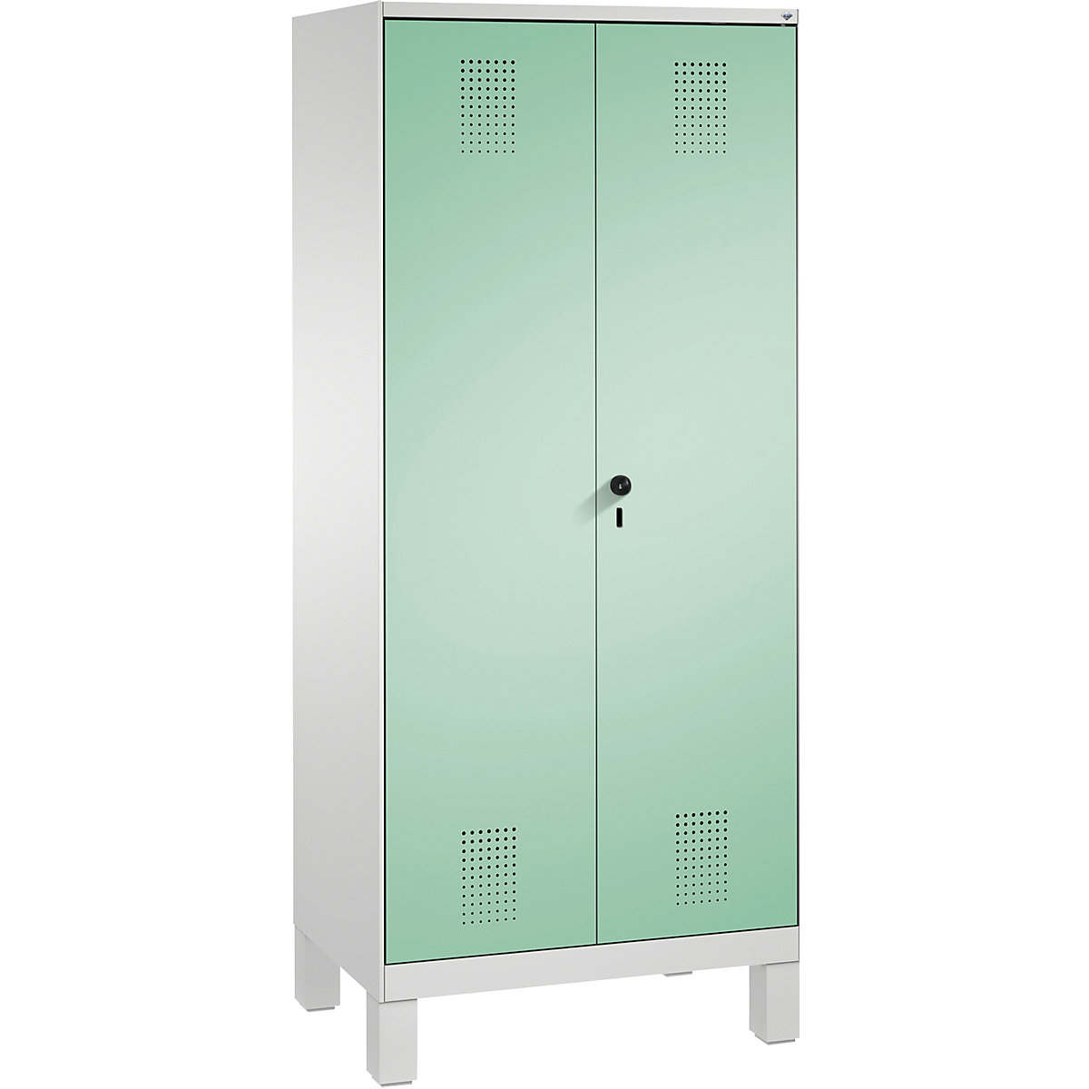 EVOLO laundry cupboard / cloakroom locker – C+P, 4 shelves, clothes rail, compartments 2 x 400 mm, with feet, light grey / light green