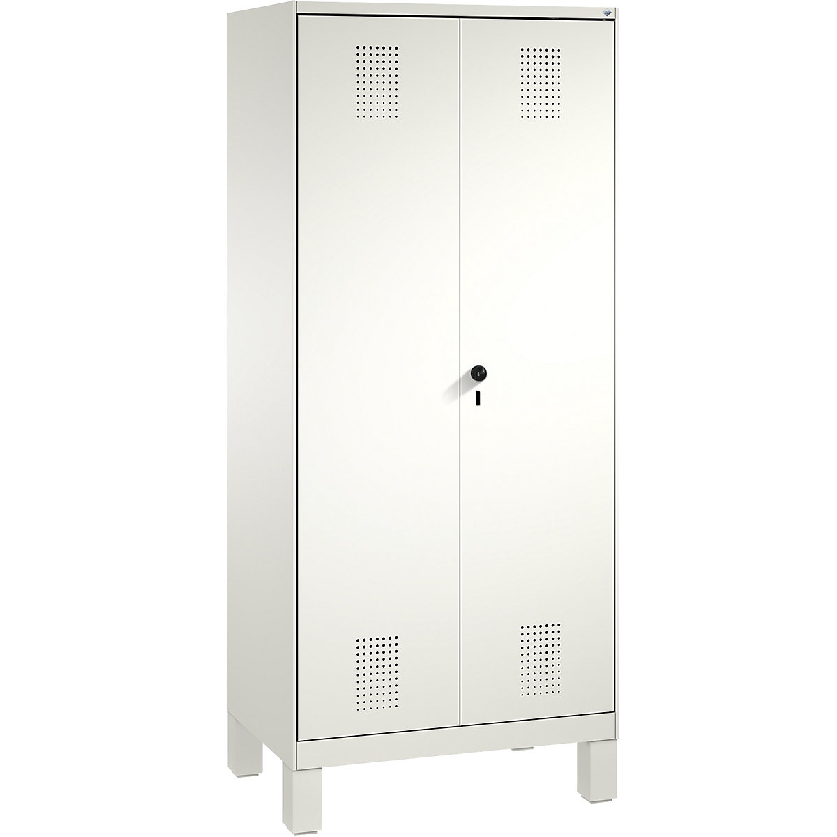 EVOLO laundry cupboard / cloakroom locker – C+P, 4 shelves, clothes rail, compartments 2 x 400 mm, with feet, traffic white / traffic white