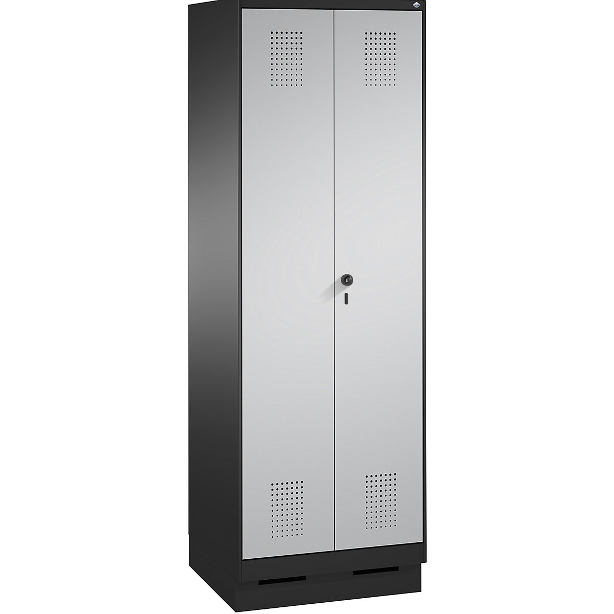 EVOLO laundry cupboard / cloakroom locker – C+P, 4 shelves, clothes rail, compartments 2 x 300 mm, with plinth, black grey / white aluminium-12