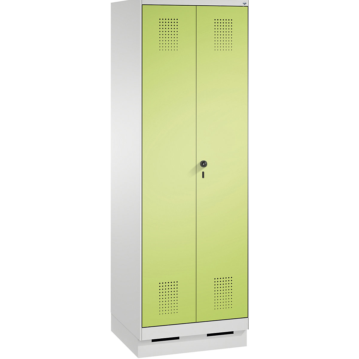 EVOLO laundry cupboard / cloakroom locker – C+P, 4 shelves, clothes rail, compartments 2 x 300 mm, with plinth, light grey / viridian green-10