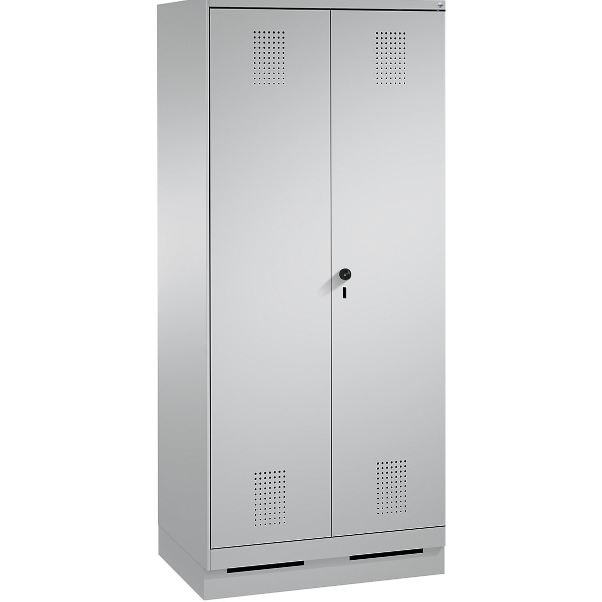 EVOLO laundry cupboard / cloakroom locker – C+P, 4 shelves, clothes rail, compartments 2 x 400 mm, with plinth, white aluminium / white aluminium-12