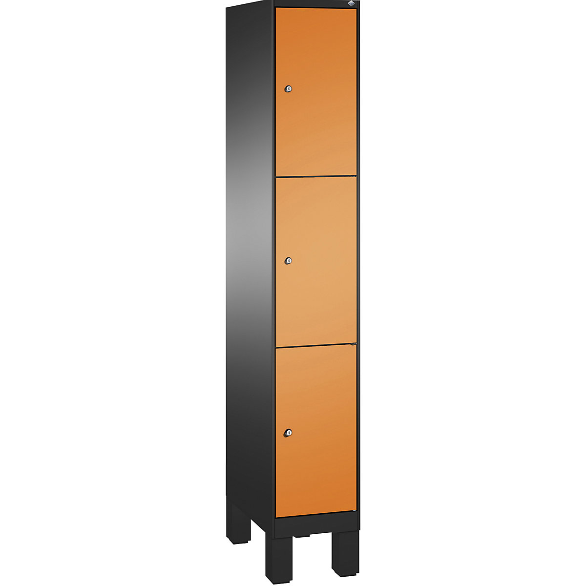EVOLO locker unit, with feet – C+P, 1 compartment, 3 shelf compartments, compartment width 300 mm, black grey / yellow orange