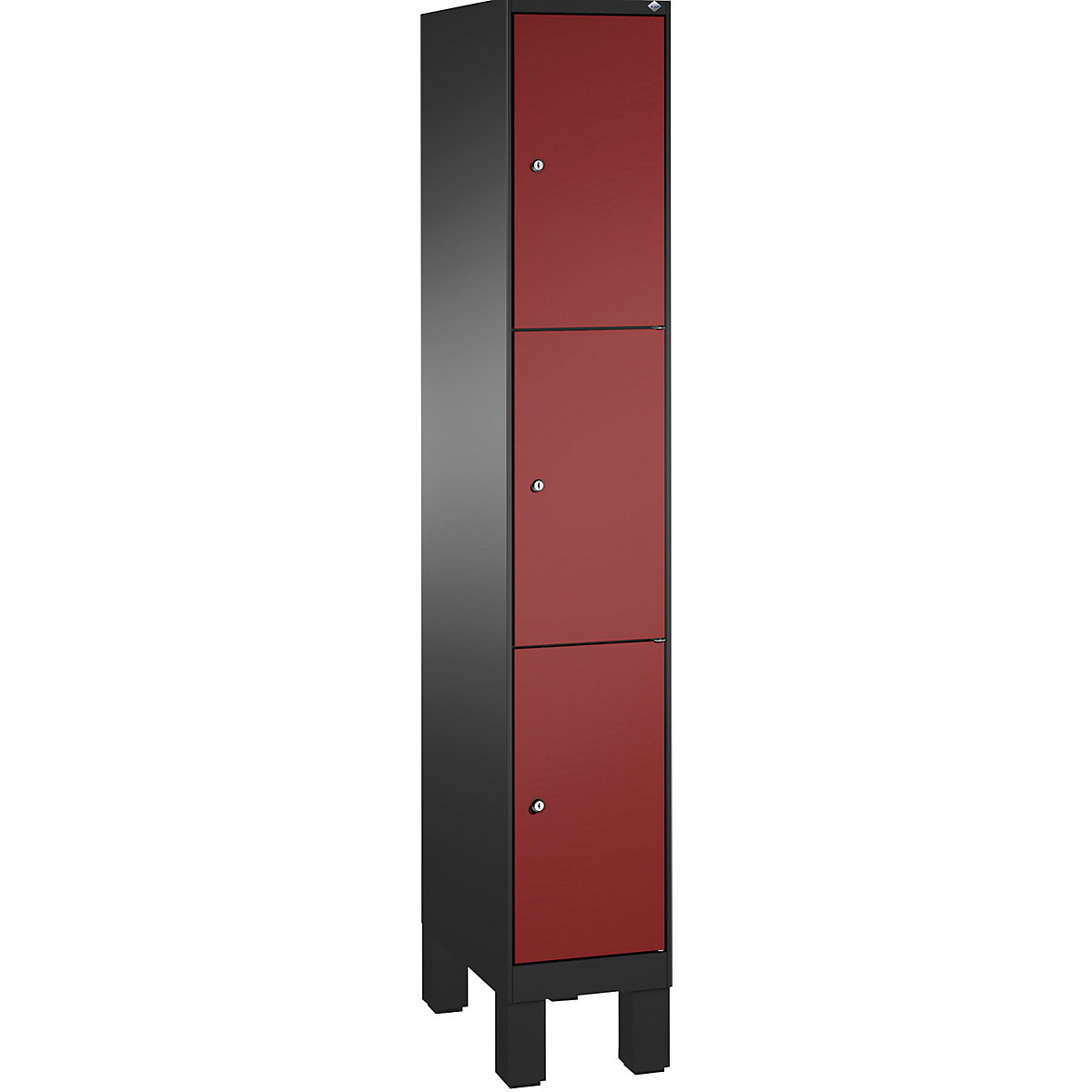 EVOLO locker unit, with feet – C+P, 1 compartment, 3 shelf compartments, compartment width 300 mm, black grey / ruby red