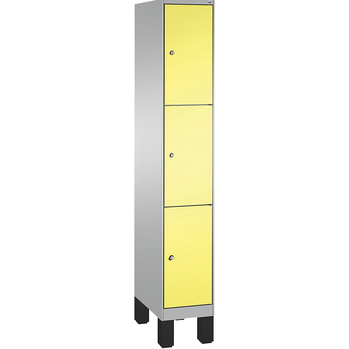 EVOLO locker unit, with feet – C+P, 1 compartment, 3 shelf compartments, compartment width 300 mm, white aluminium / sulphur yellow