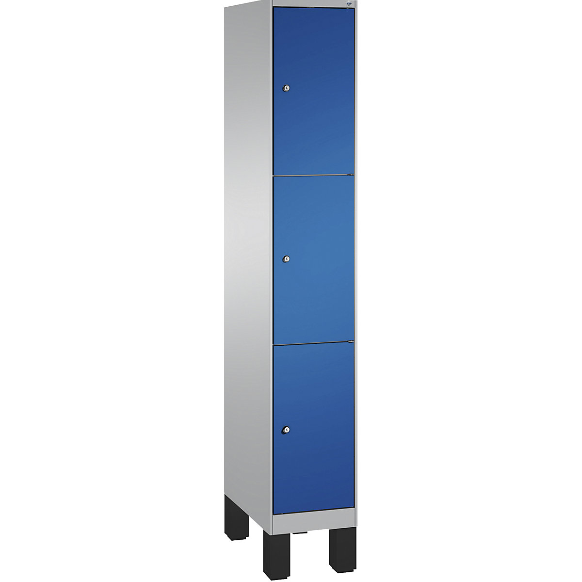 EVOLO locker unit, with feet – C+P, 1 compartment, 3 shelf compartments, compartment width 300 mm, white aluminium / gentian blue
