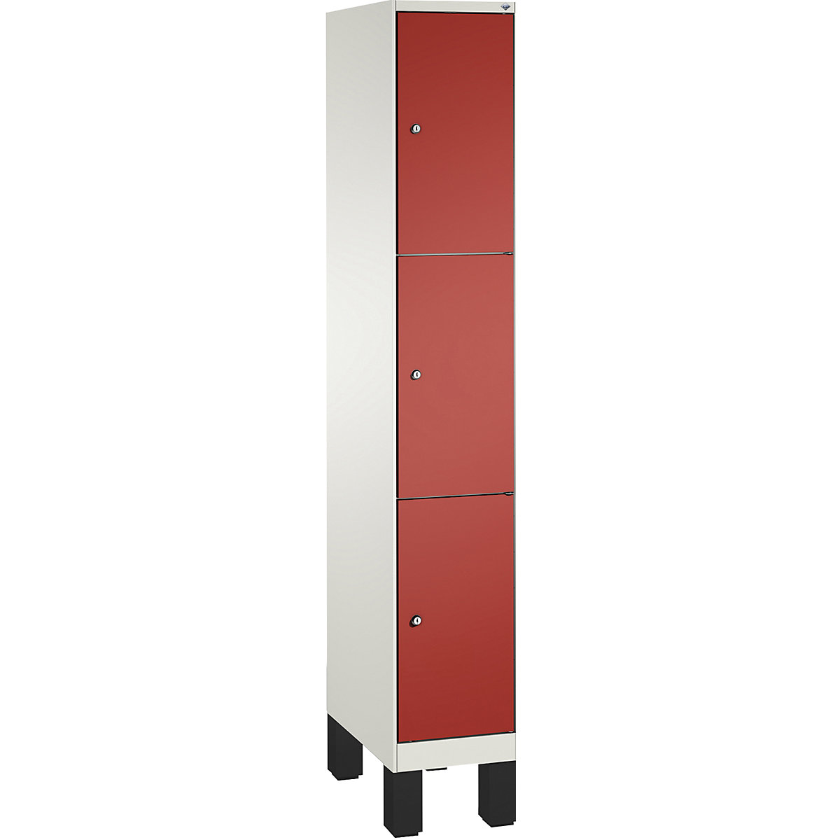 EVOLO locker unit, with feet – C+P, 1 compartment, 3 shelf compartments, compartment width 300 mm, traffic white / flame red