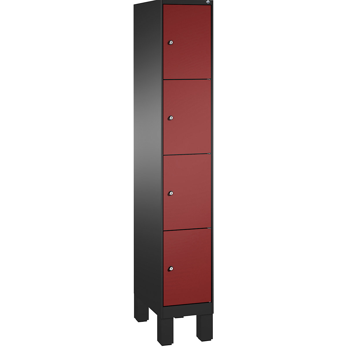 EVOLO locker unit, with feet – C+P, 1 compartment, 4 shelf compartments, compartment width 300 mm, black grey / ruby red
