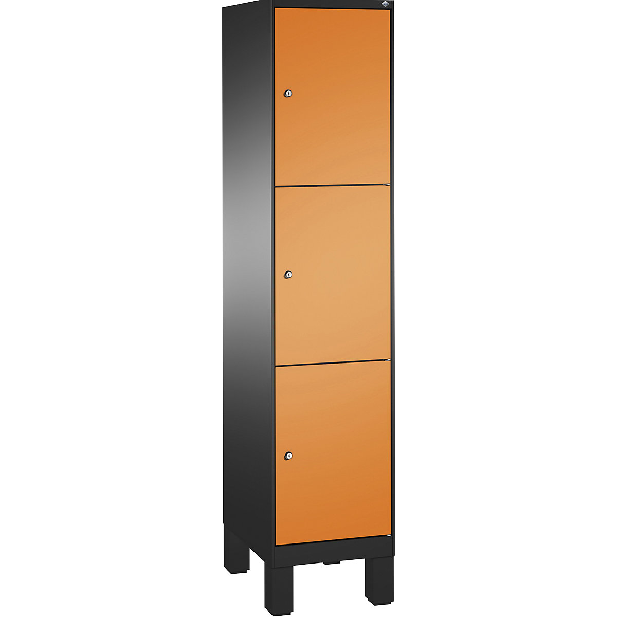 EVOLO locker unit, with feet – C+P, 1 compartment, 3 shelf compartments, compartment width 400 mm, black grey / yellow orange