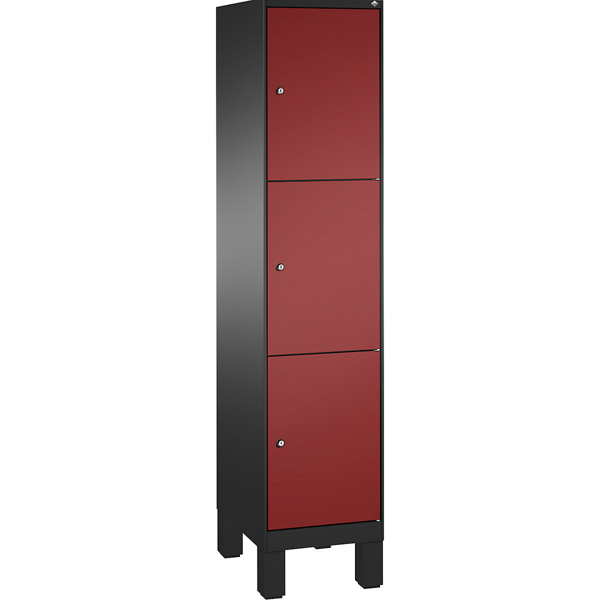 EVOLO locker unit, with feet – C+P, 1 compartment, 3 shelf compartments, compartment width 400 mm, black grey / ruby red