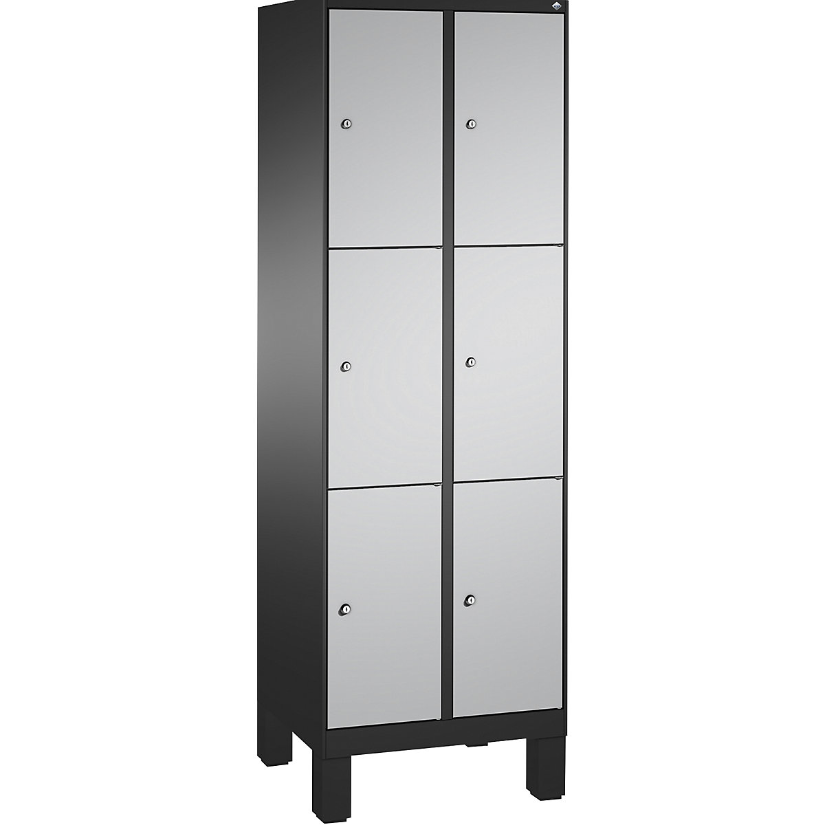 EVOLO locker unit, with feet – C+P, 2 compartments, 3 shelf compartments each, compartment width 300 mm, black grey / white aluminium-11